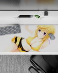 36x16 inches desk pad with warm playful vibe, purple eyes, honey-yellow and black stripes on white.