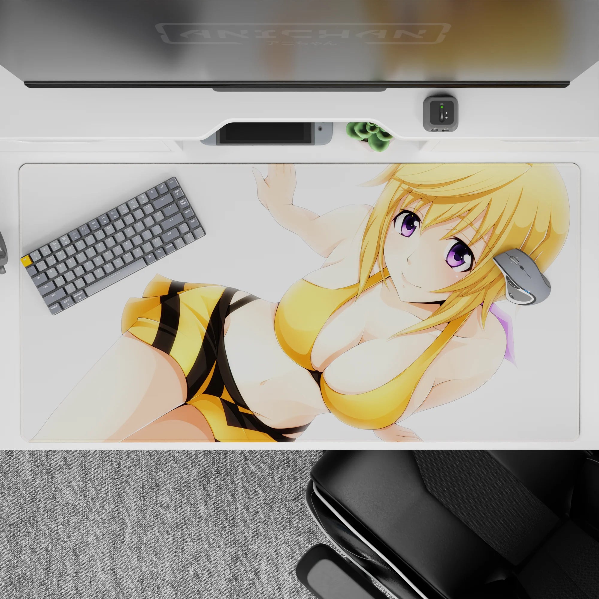 40x20 inches desk pad in warm honey yellow, black stripes and purple eyes for a bright cozy vibe.