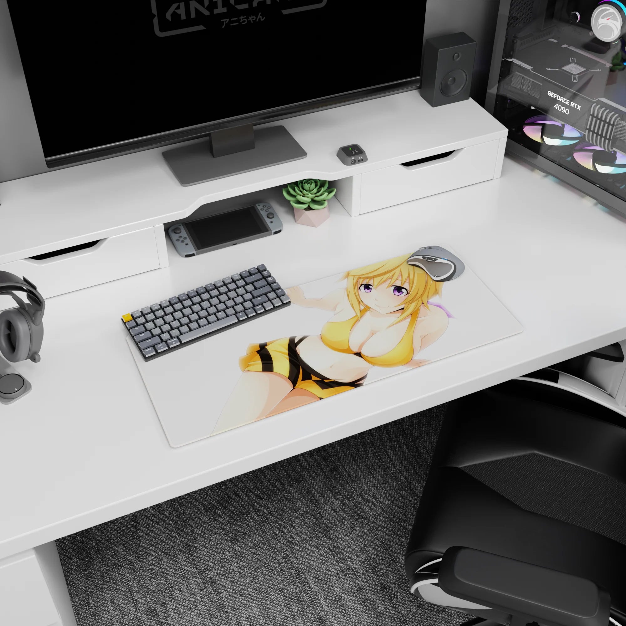 28x12 inches Hoshino Ruri mouse pad from Martian Successor Nadesico, smiling with golden hair and bold stripes.