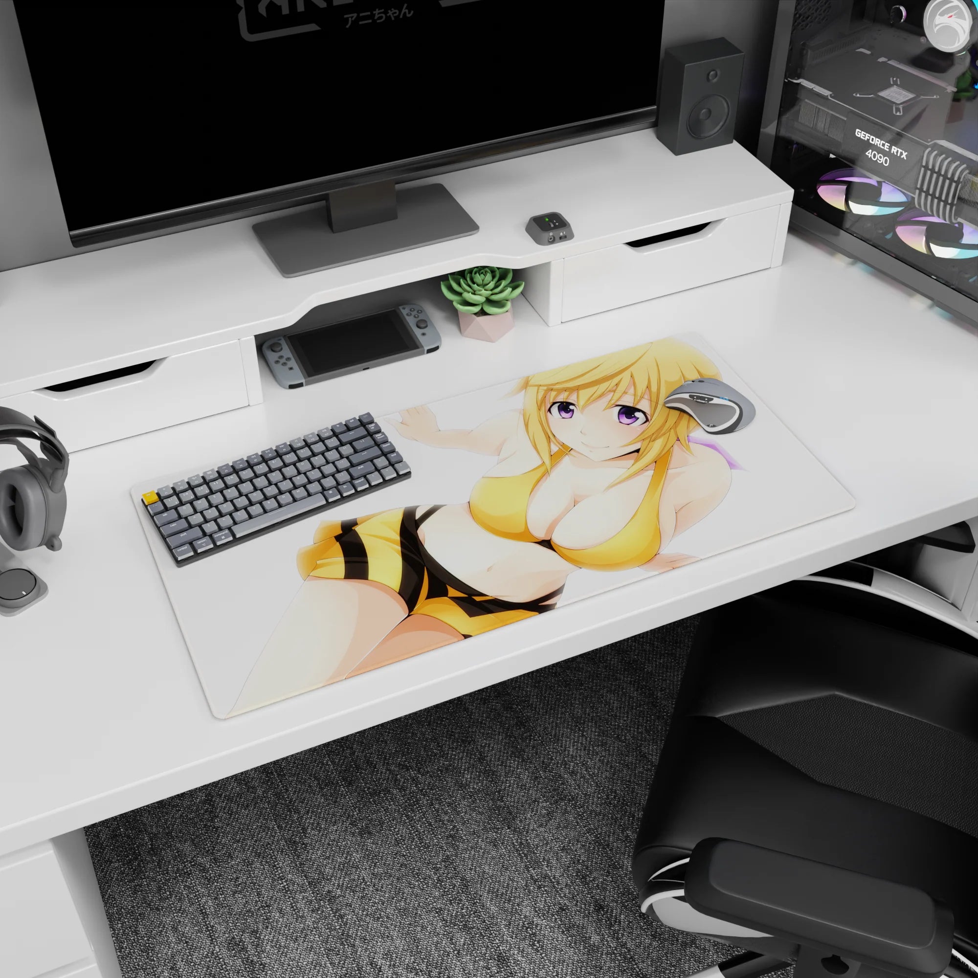 32x16 inches Hoshino Ruri mouse pad from Martian Successor Nadesico, smiling with purple eyes at desk.