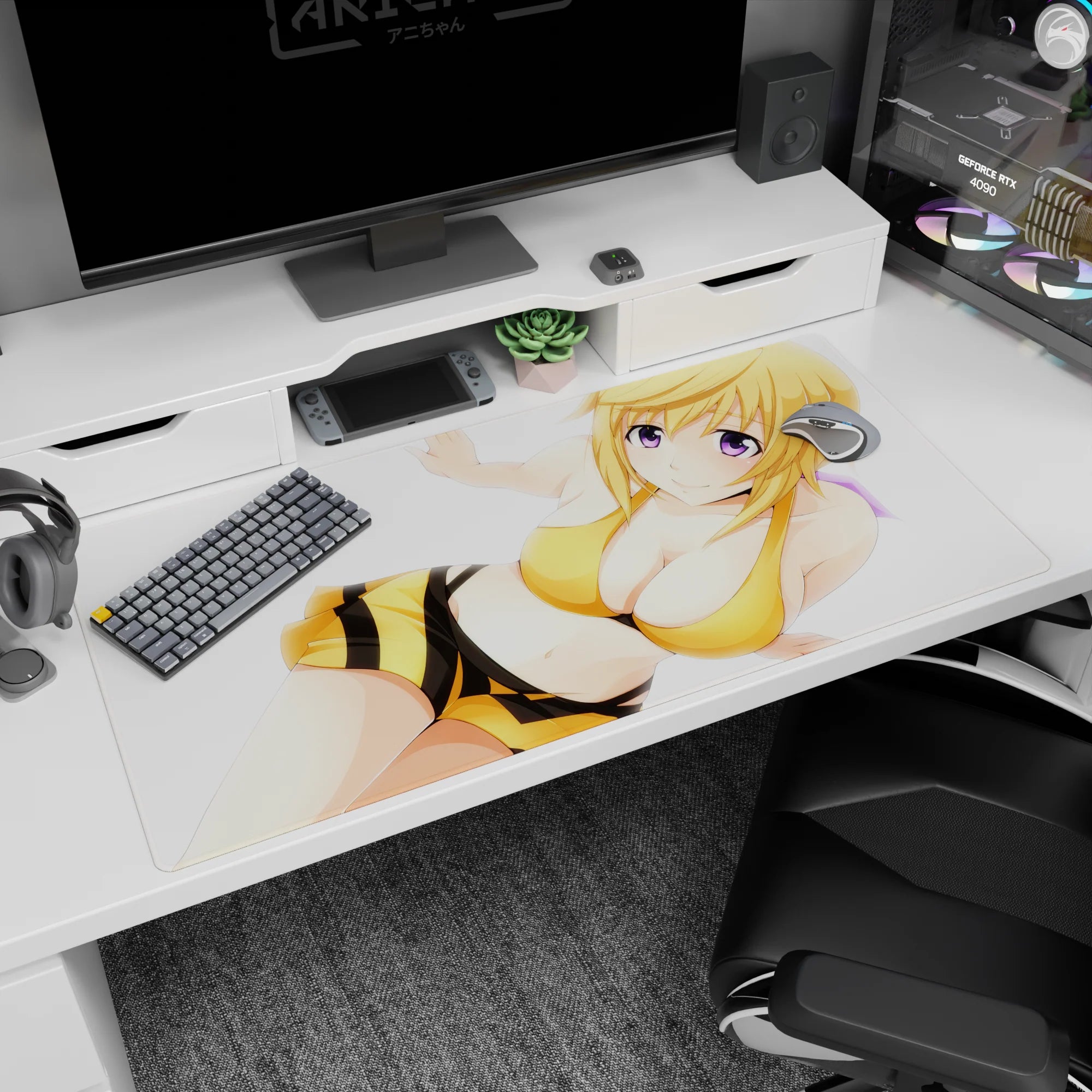 40x20 inches Hoshino Ruri from Martian Successor Nadesico desk pad, smiling blonde on white.