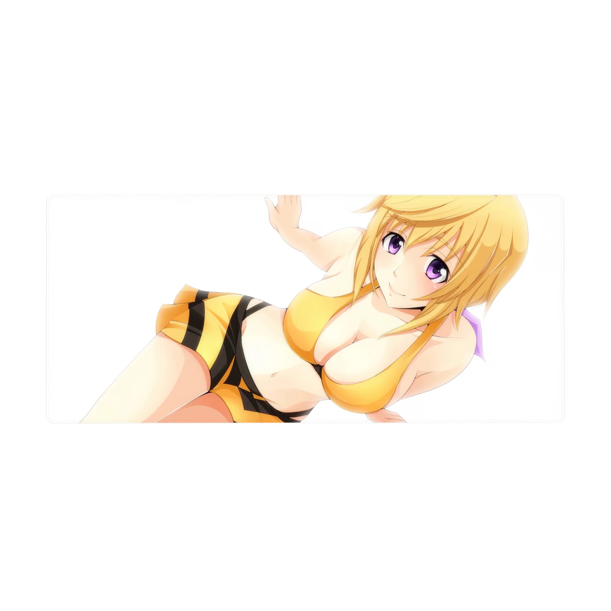 36x16 inches anime girl desk pad with crisp bright print, golden hair, honey-yellow outfit on clean white.