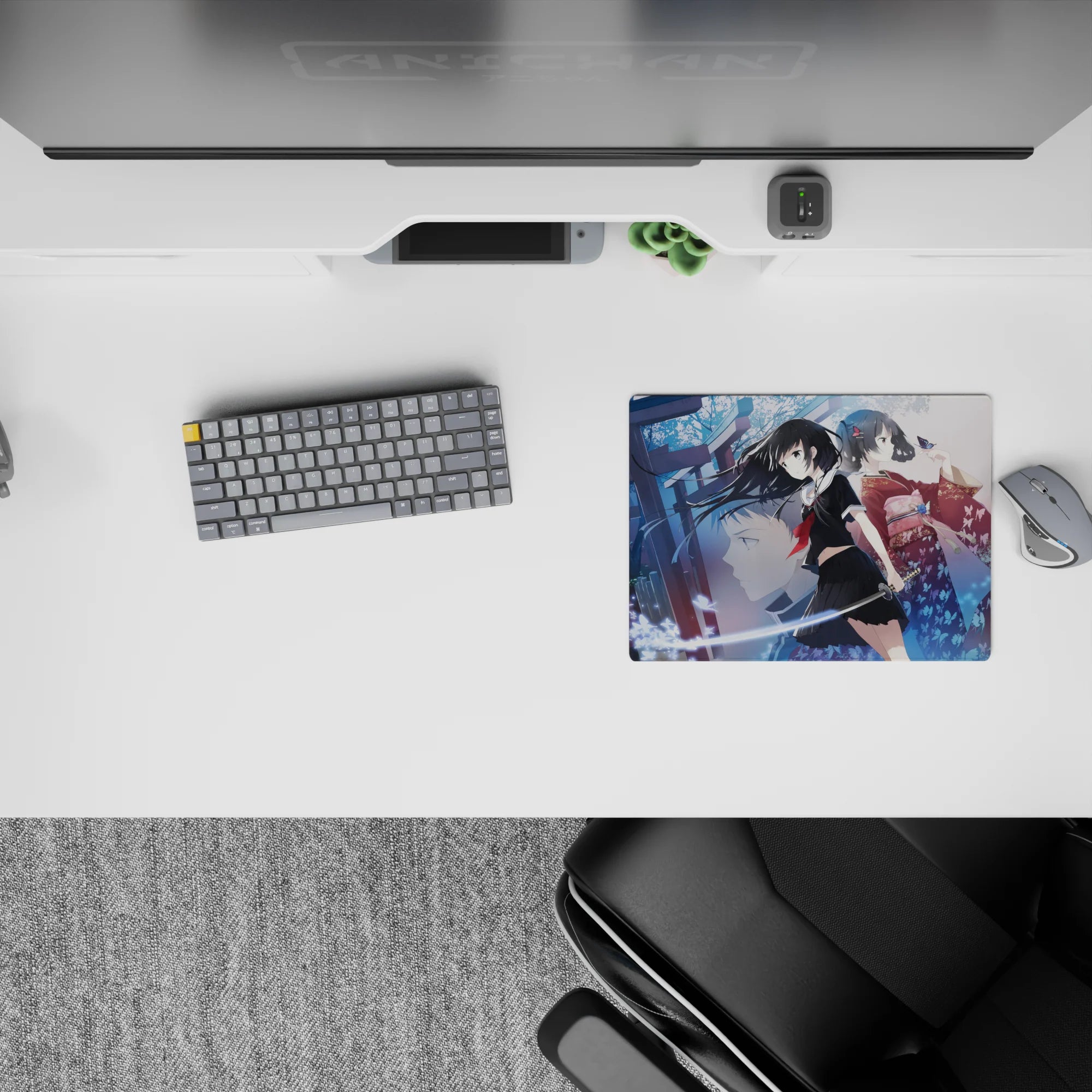 Cool blue anime girl mouse pad 14x10 inches with magical night mood, soft glow, and butterfly swirl.