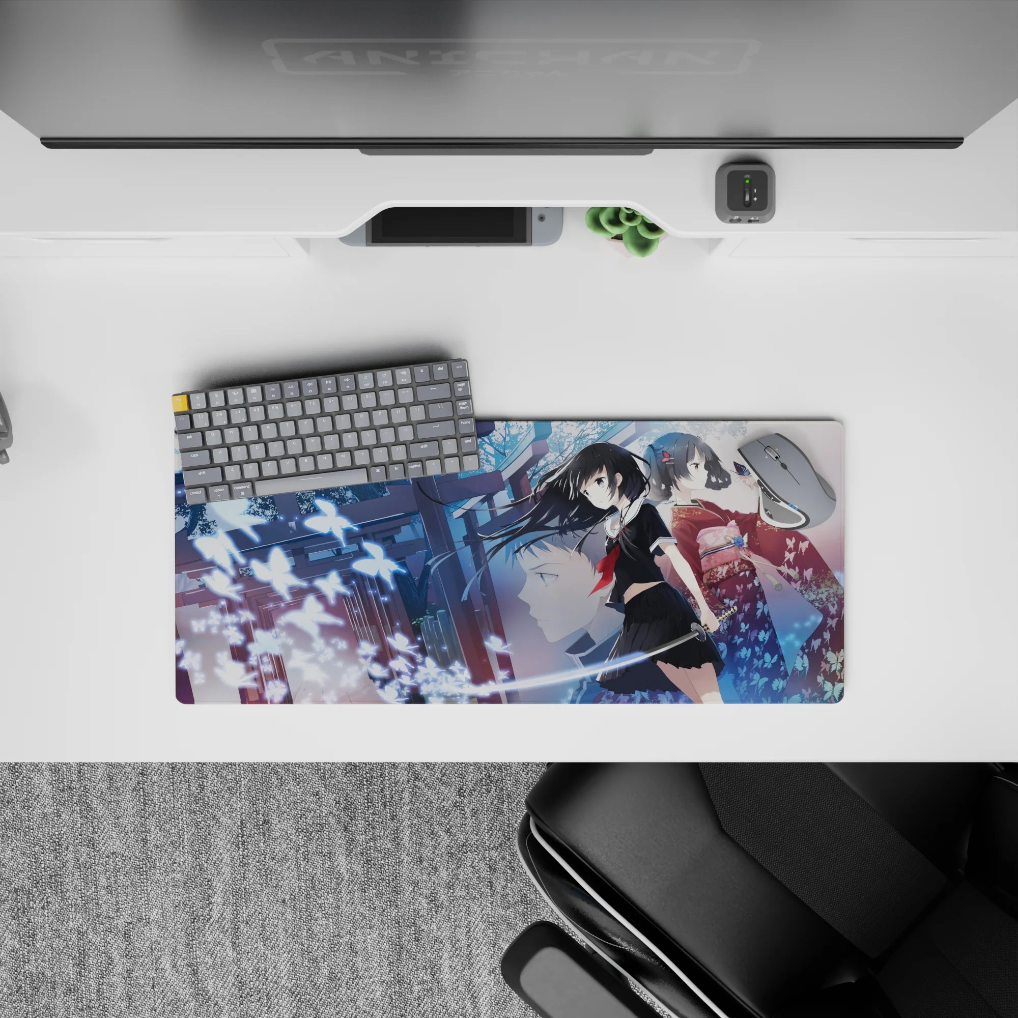 Anime girl mouse pad 28x12 inches in cool blue tones, mystical shrine-night vibe with swirling luminous butterflies.