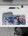 Anime girl mouse pad 28x12 inches in cool blue tones, mystical shrine-night vibe with swirling luminous butterflies.