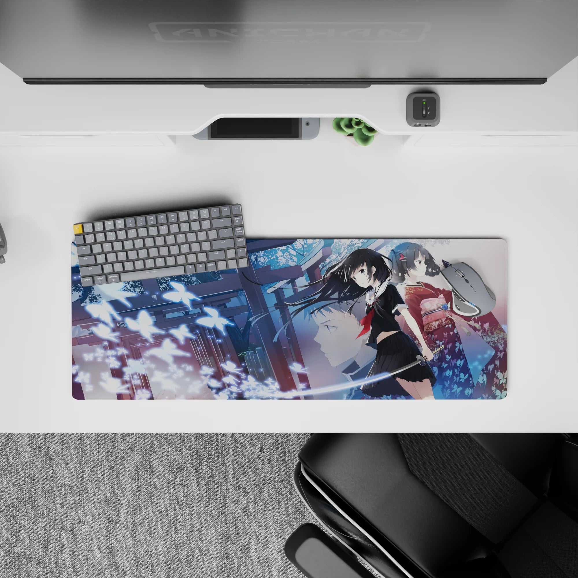 32x12 inches anime girl mouse pad in cool blue tones, dreamy shrine vibe, soft glow butterflies at night.