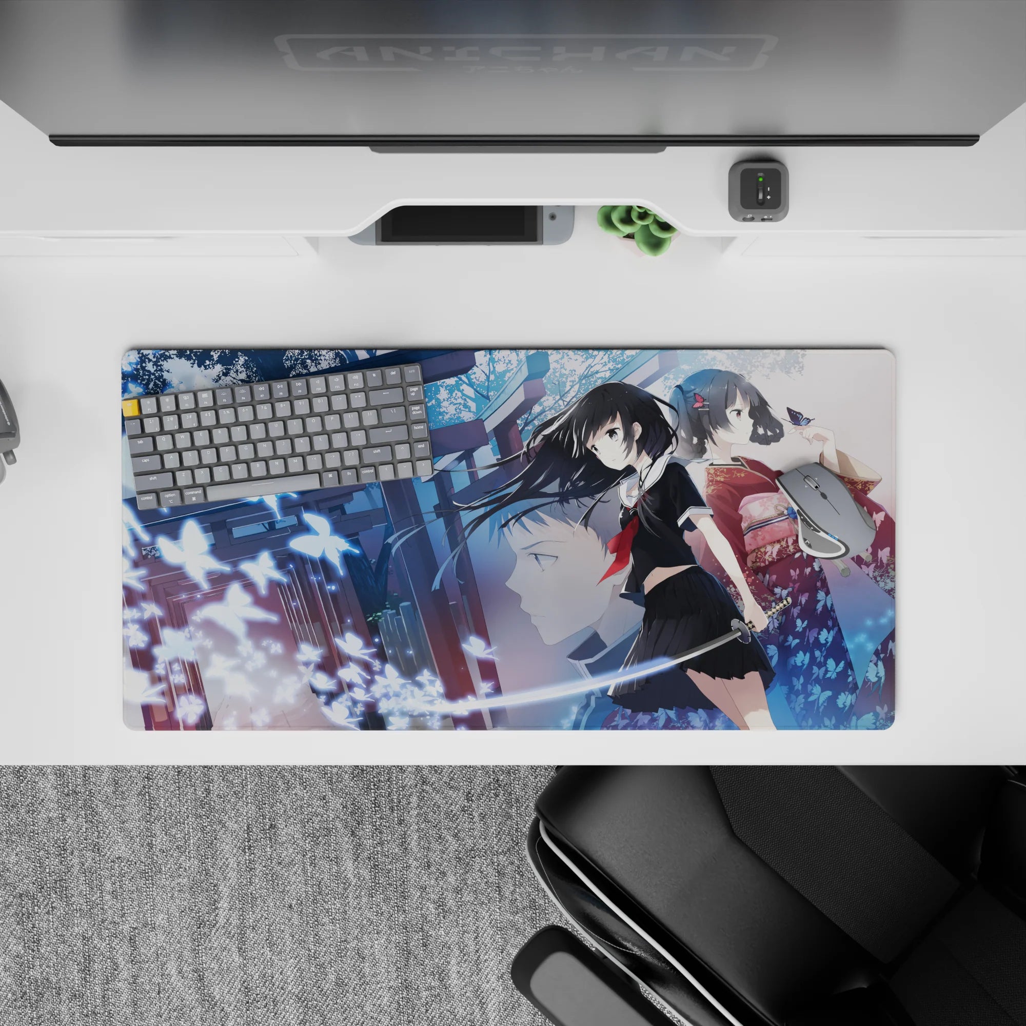 32x16 inches anime girl mouse pad in cool blue night tones with magical shrine vibes and luminous butterflies.