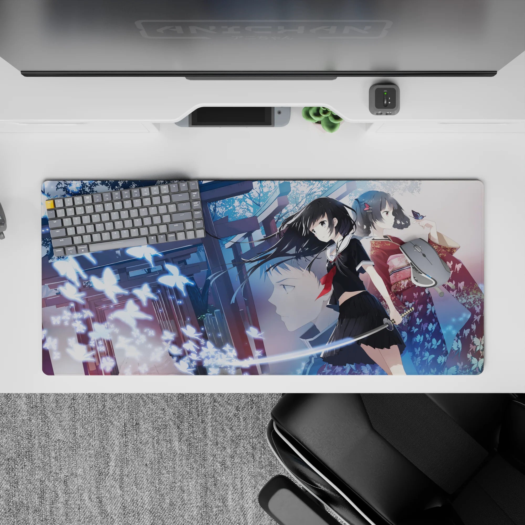 36x16 inches anime desk pad in cool blues with glowing butterflies, calm mystical shrine-night mood.