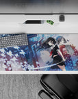 36x16 inches anime desk pad in cool blues with glowing butterflies, calm mystical shrine-night mood.