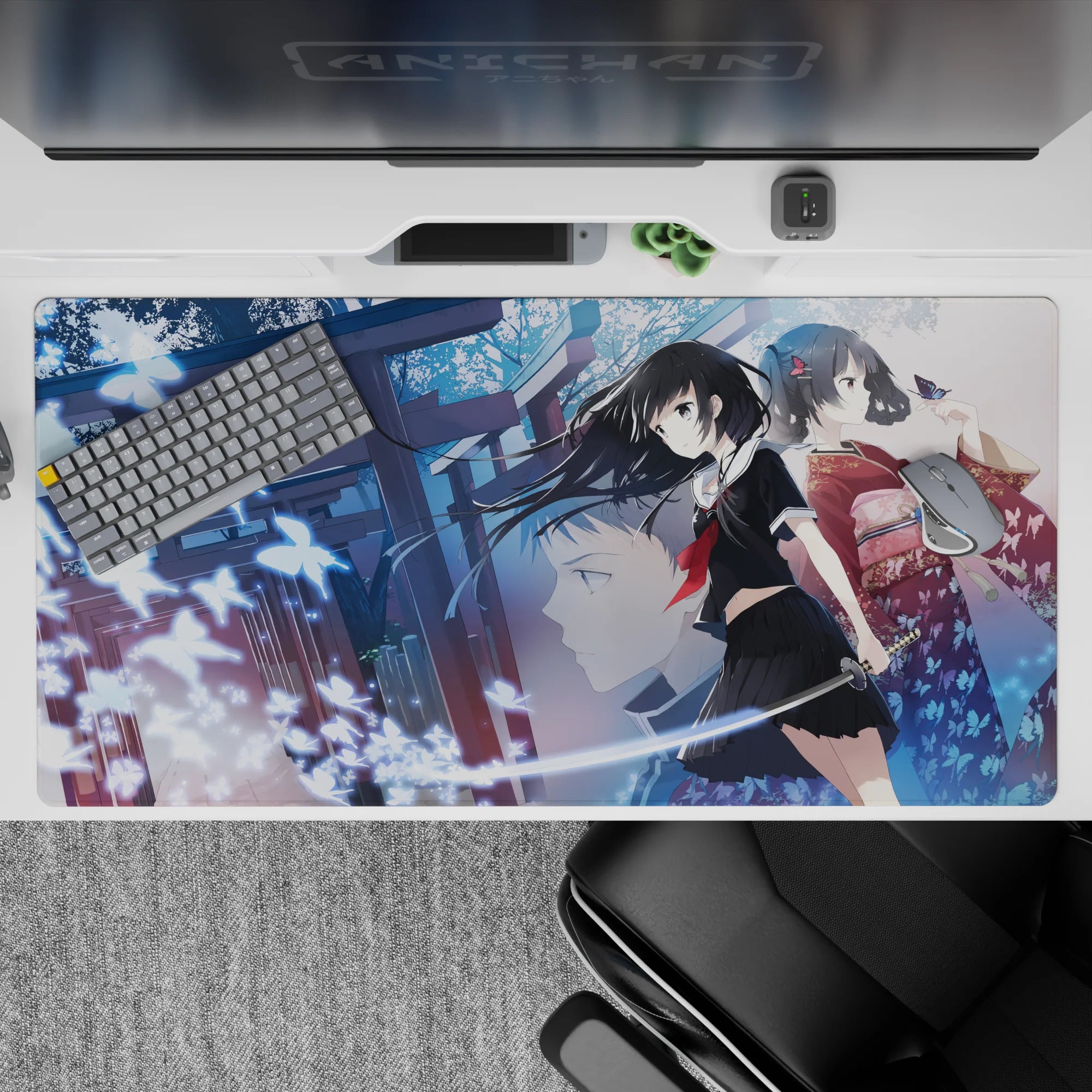 40x20 inches anime desk pad in cool blue shrine-night tones with luminous butterflies and soft fierce vibe.
