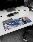 32x12 inches anime girl mouse pad showing sailor-uniform katana girl beside calm floral kimono girl.