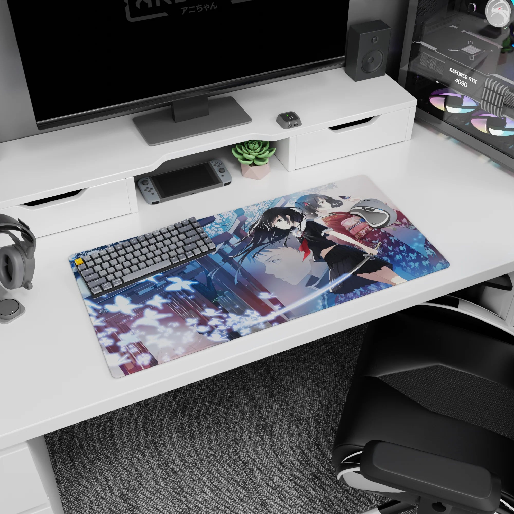32x16 inches anime girl mouse pad showing sailor-uniform swordswoman and calm kimono girl by torii gates.