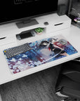32x16 inches anime girl mouse pad showing sailor-uniform swordswoman and calm kimono girl by torii gates.