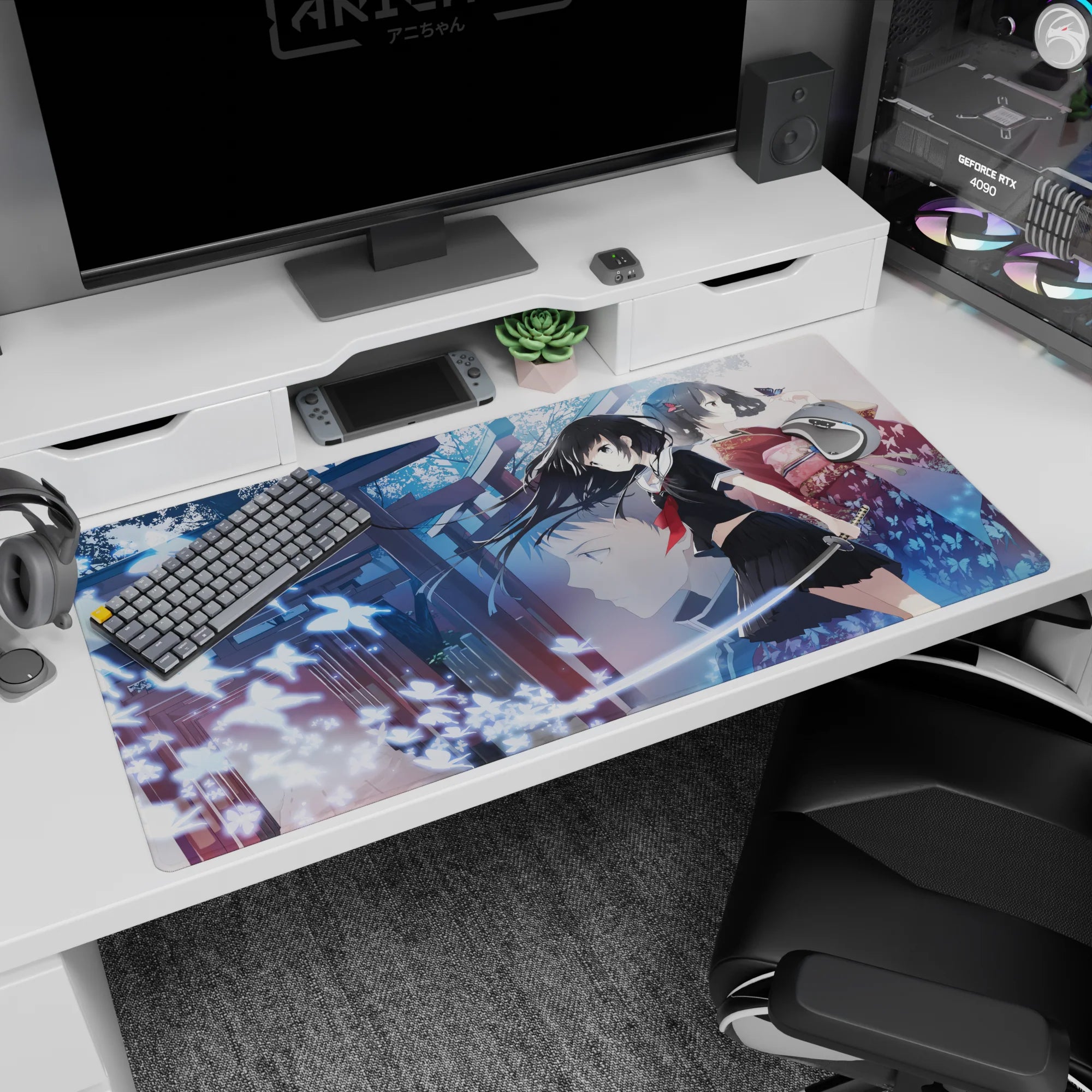 40x20 inches anime girl desk pad showing sailor-uniform katana girl beside calm floral kimono at a torii gate.