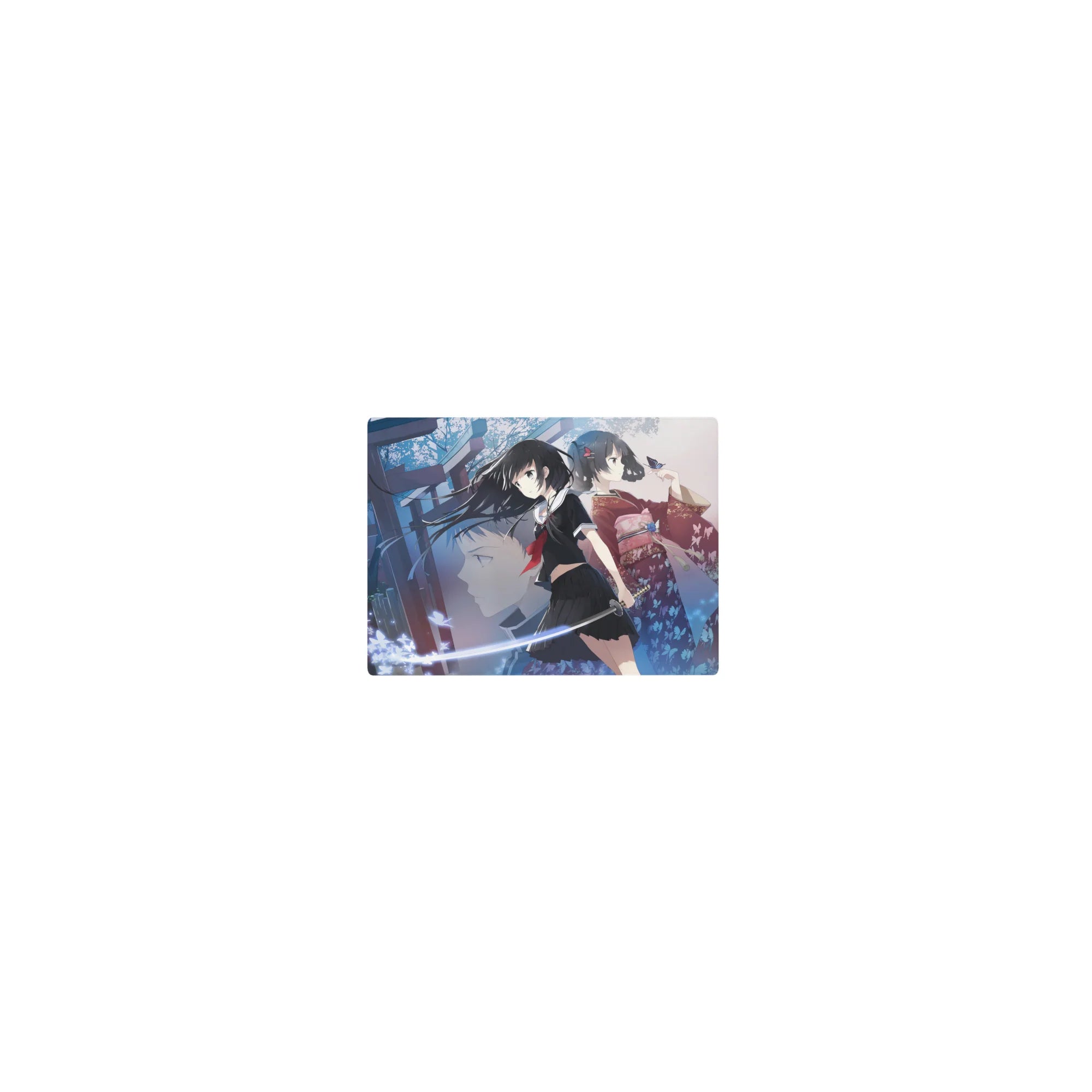 Classic anime girl mouse pad 14x10 inches with shrine night scene, torii silhouettes, and glowing butterflies.