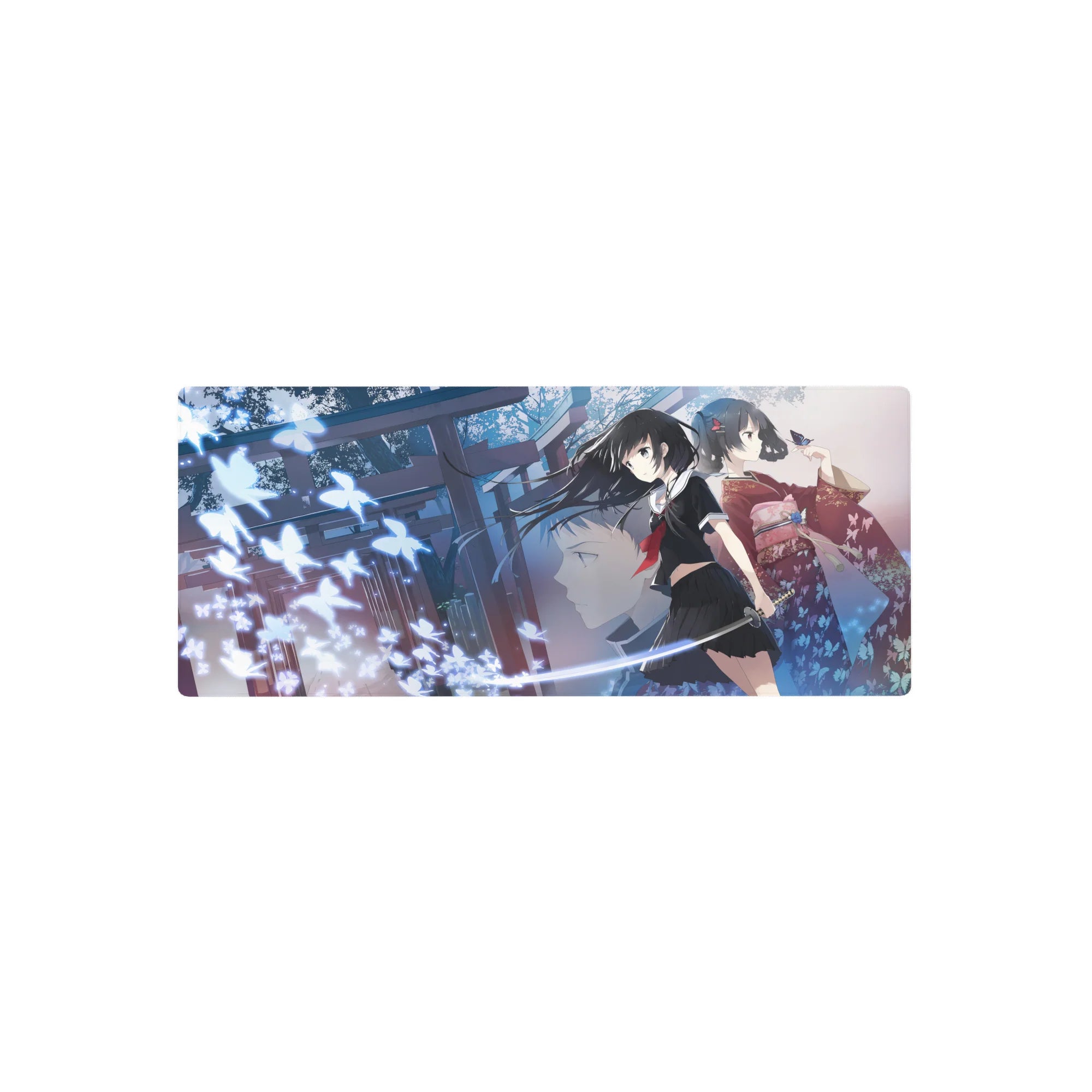 Anime girl mouse pad 28x12 inches with shrine night scene, torii silhouettes, glowing butterflies, katana and kimono.