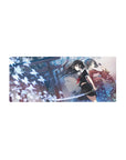 Anime girl mouse pad 28x12 inches with shrine night scene, torii silhouettes, glowing butterflies, katana and kimono.
