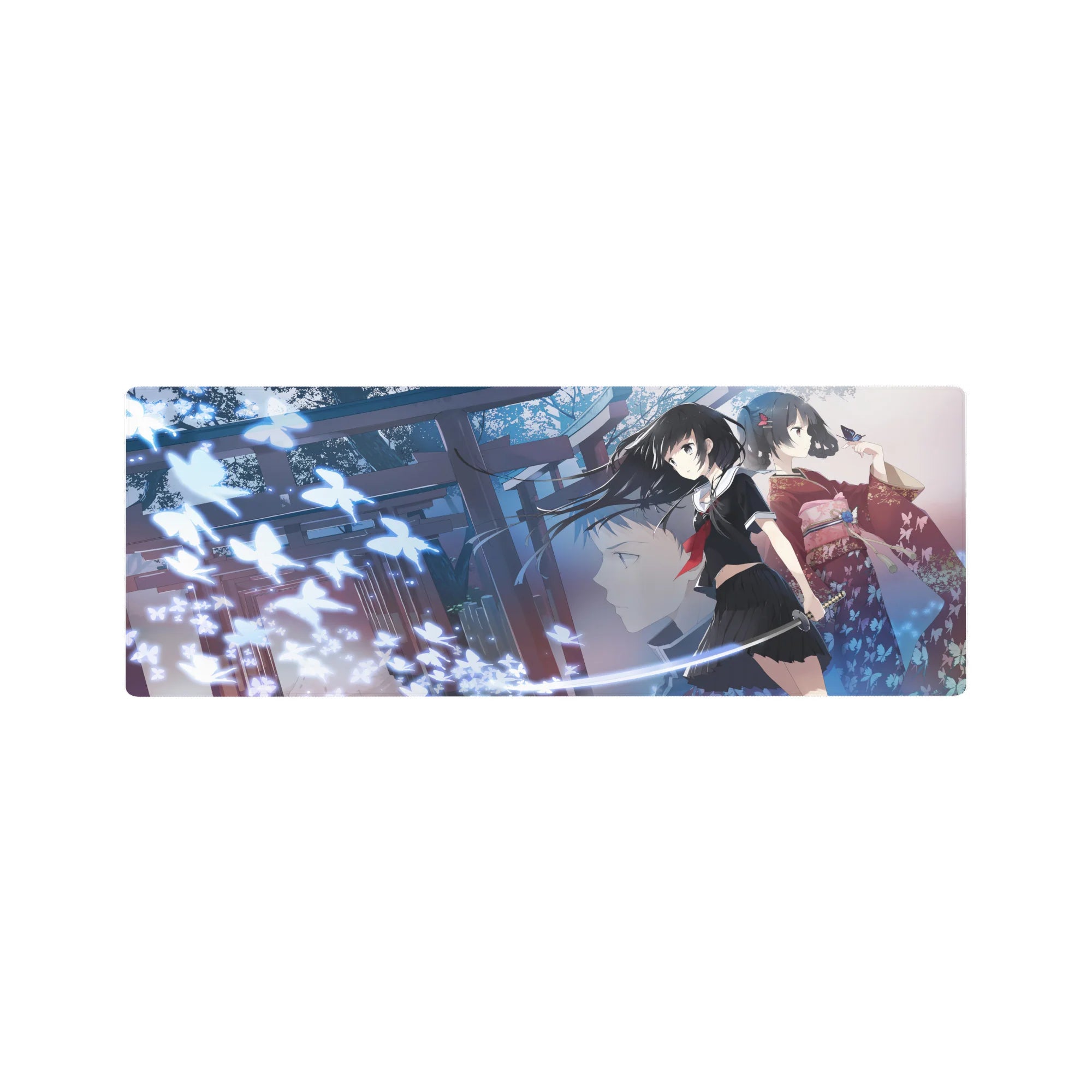 32x12 inches anime girl mouse pad with shrine-night torii gates, glowing butterflies, kimono and sailor girls.