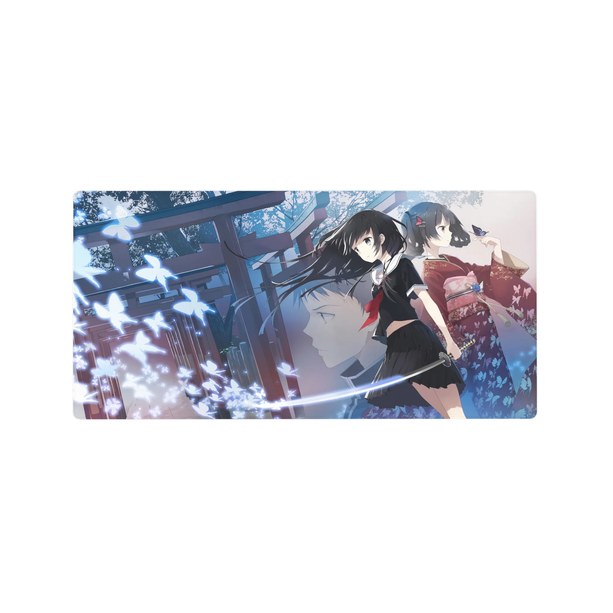 32x16 inches anime girl mouse pad with torii gates, glowing butterflies, katana and kimono shrine scene.