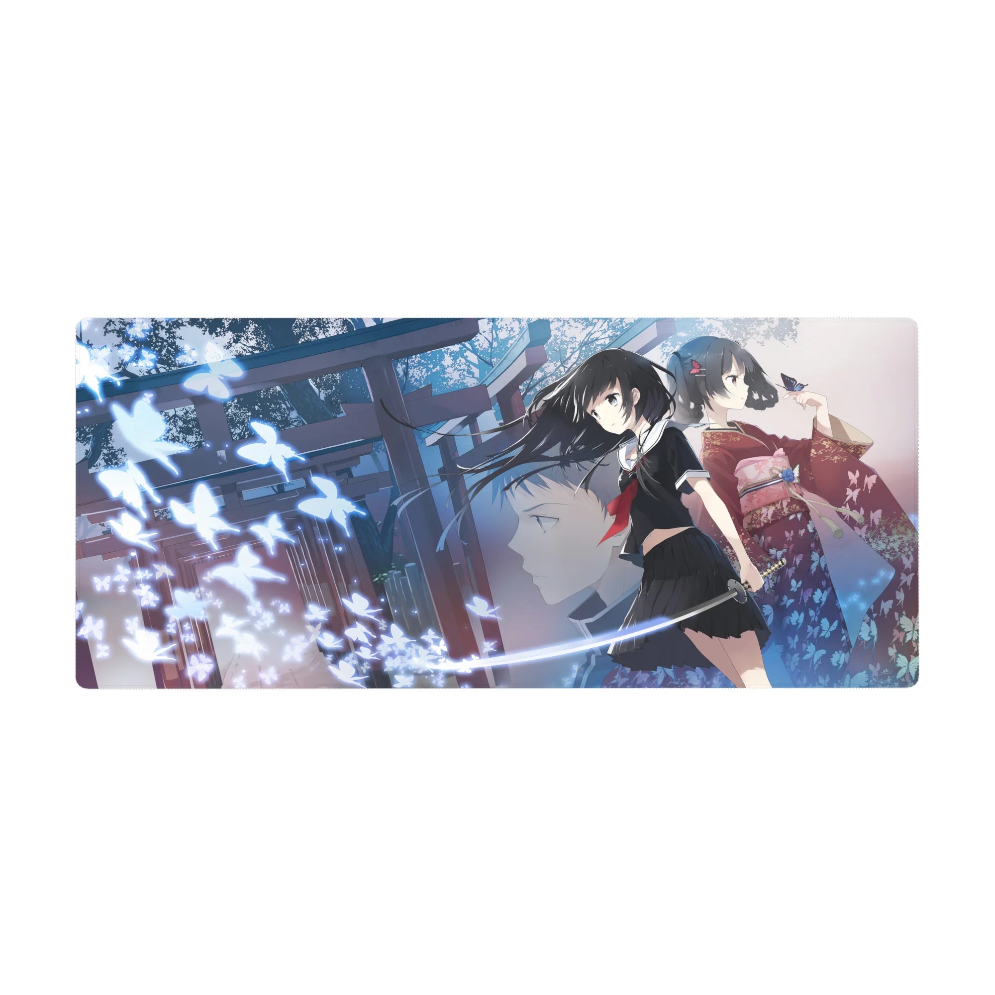 36x16 inches anime girl desk pad with shrine night scene, torii silhouettes, katana and kimono duo.