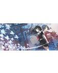 36x16 inches anime girl desk pad with shrine night scene, torii silhouettes, katana and kimono duo.