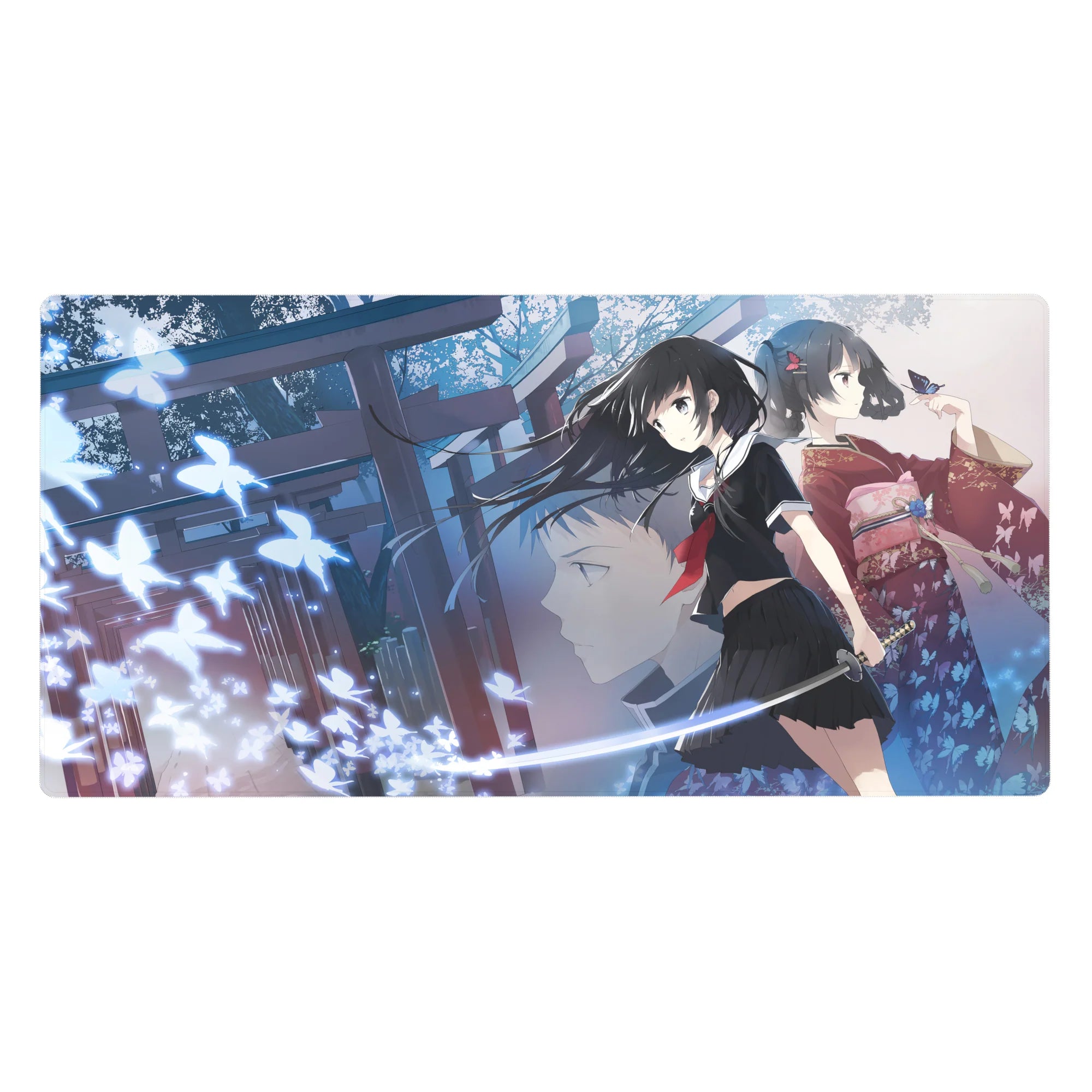 40x20 inches anime girl desk pad with torii gates, glowing butterflies, sailor and kimono duo, katana art.