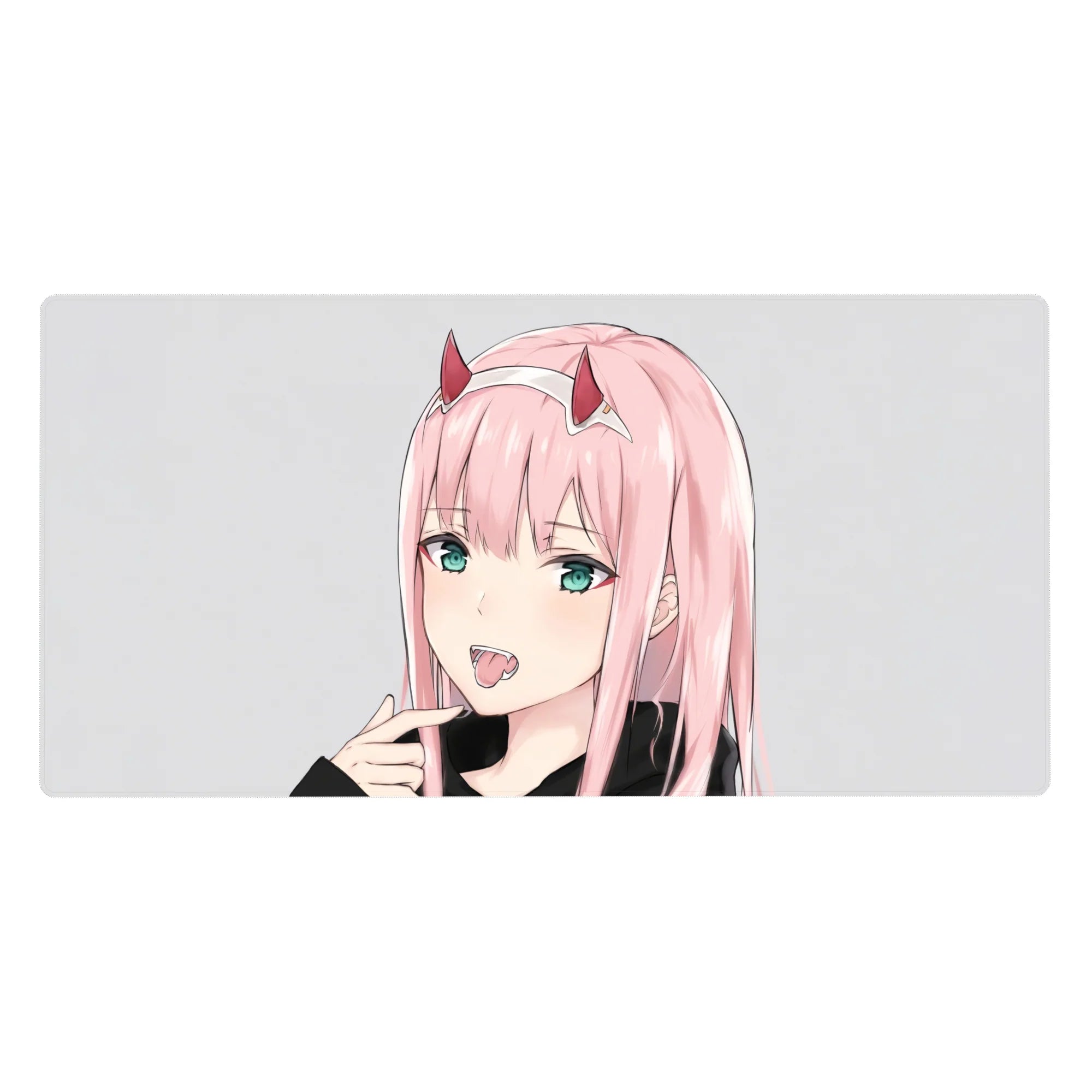 Zero Two Minimalist Grin Mouse Pad 40x20 featuring her playful fanged grin, vibrant teal eyes, and sleek aesthetic for a bold anime-inspired look