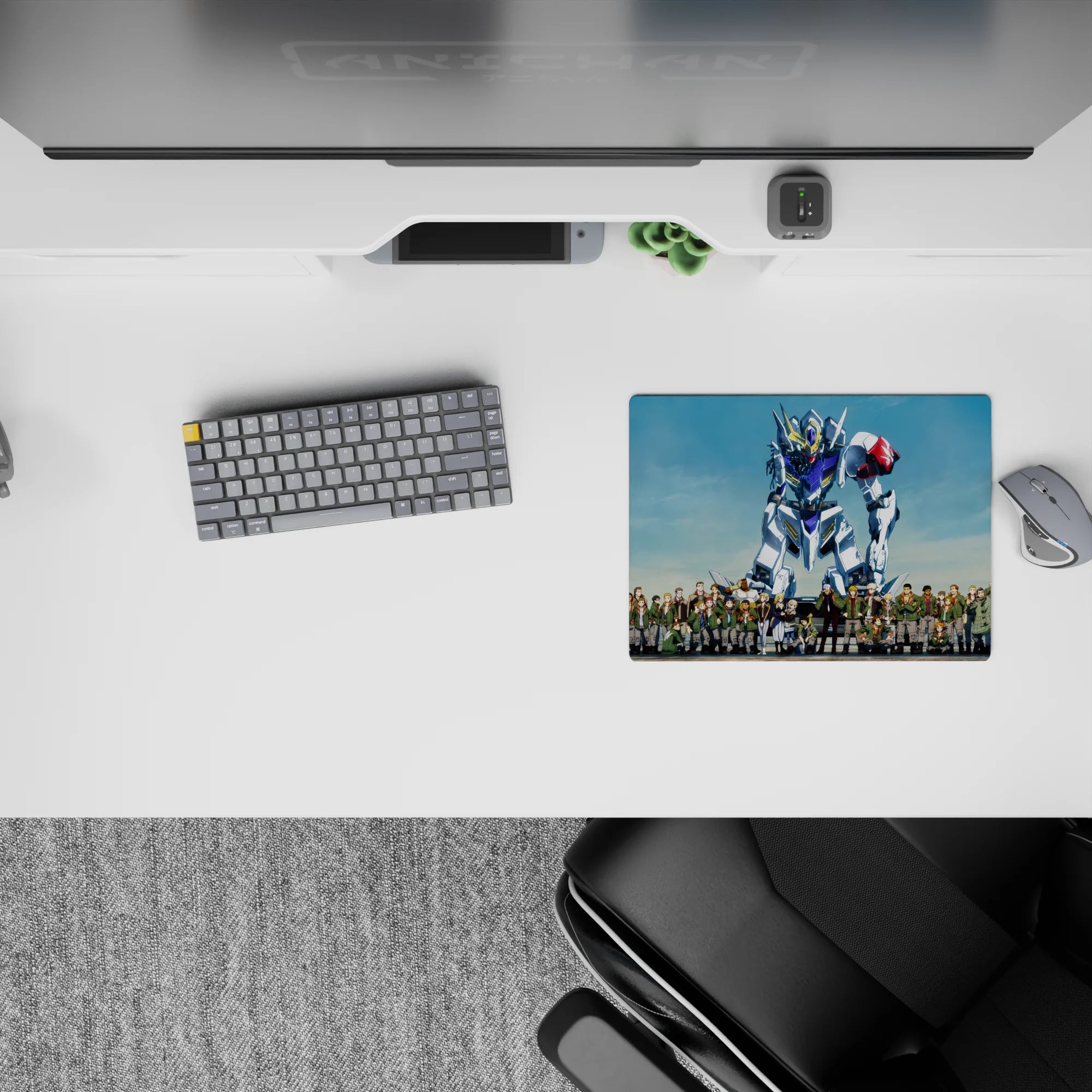 14x10 inches classic anime mouse pad in sky blues, crisp whites, steel grays, with a bold red shoulder.