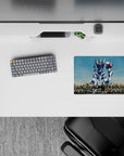 14x10 inches classic anime mouse pad in sky blues, crisp whites, steel grays, with a bold red shoulder.
