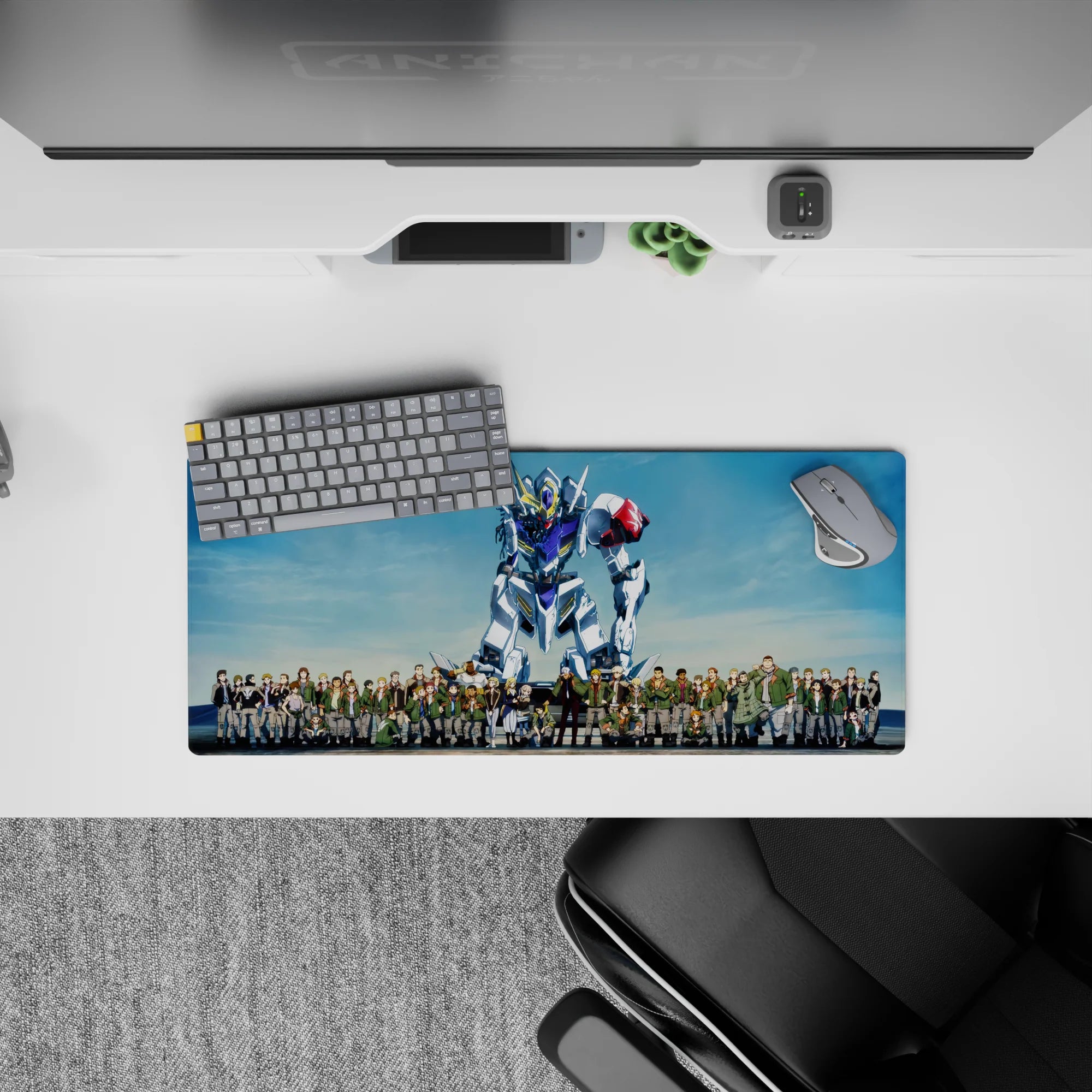 Sky blue backdrop with crisp white, steel gray, and red shoulder accents on anime mouse pad, 28x12 inches.