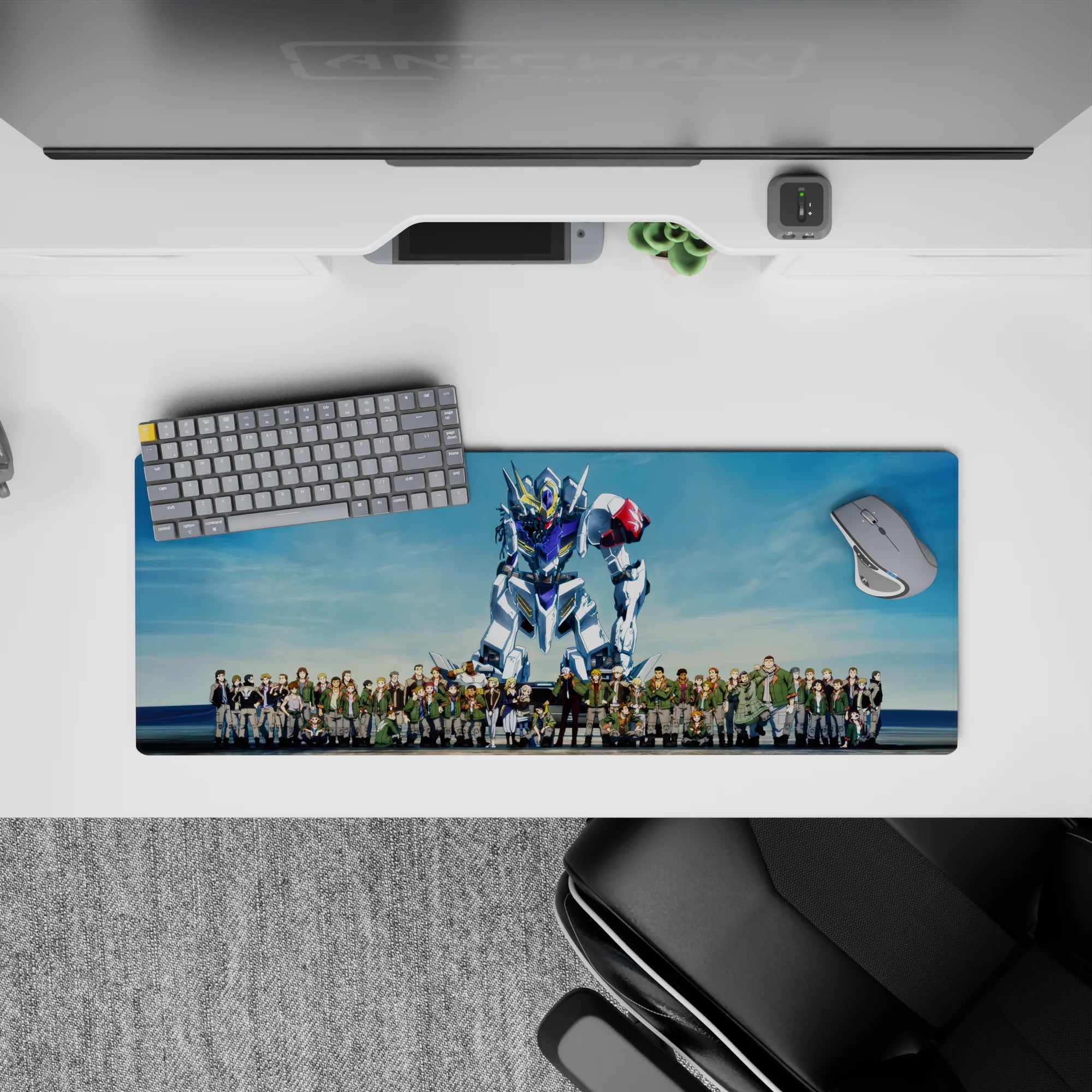 Sky-blue backdrop with crisp whites, steel grays, and red shoulder accent anime mouse pad 32x12 inches.