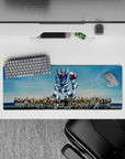 Sky-blue backdrop with crisp whites, steel grays, and red shoulder accent anime mouse pad 32x12 inches.