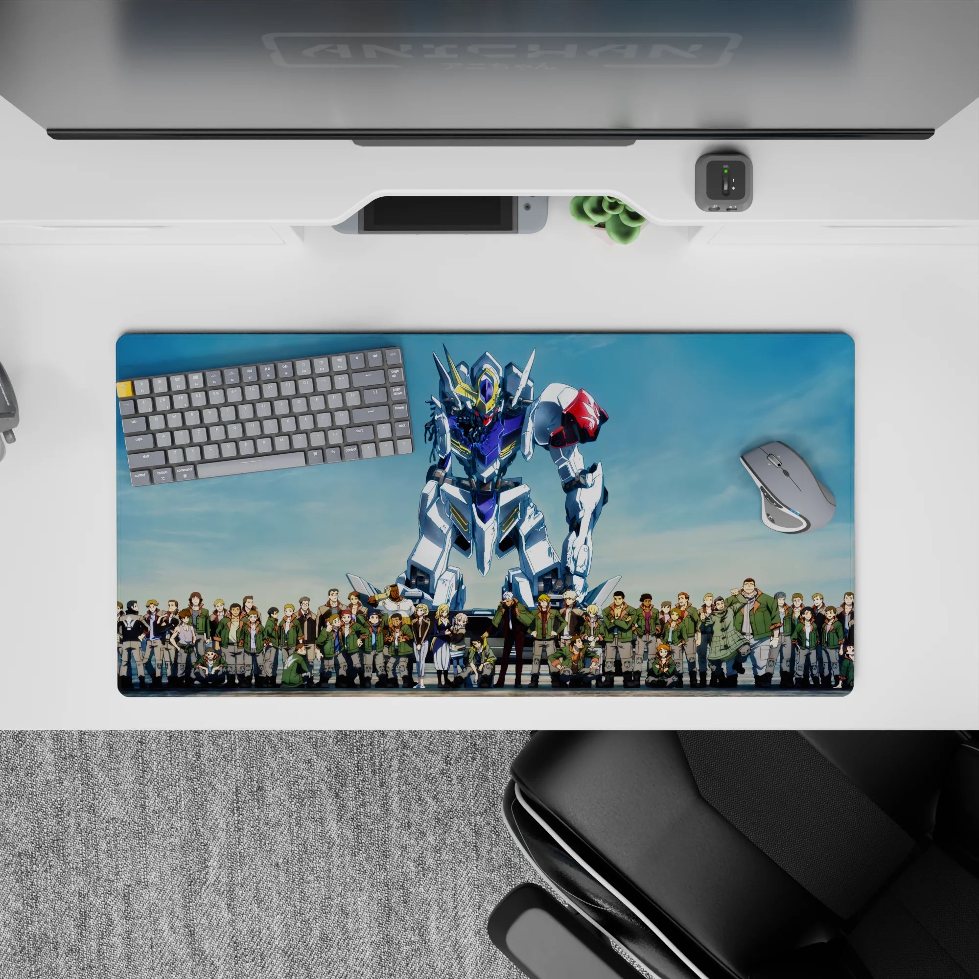 Sky-blue, white, steel-gray and red shoulder anime mouse pad 32x16 inches, sharp mecha desk vibe.