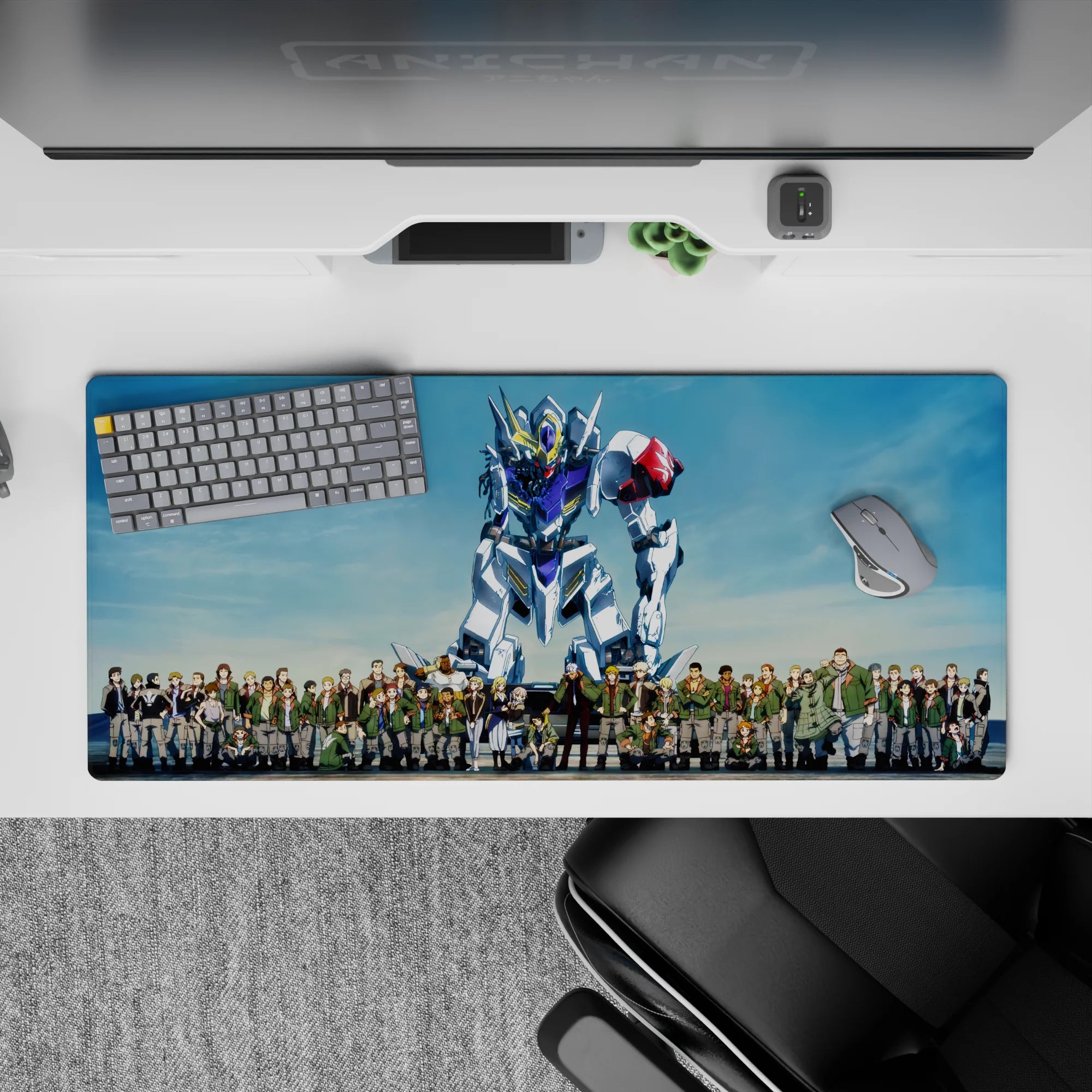 Sky blue, white and steel gray anime desk pad with bold red shoulder accent, 36x16 inches.