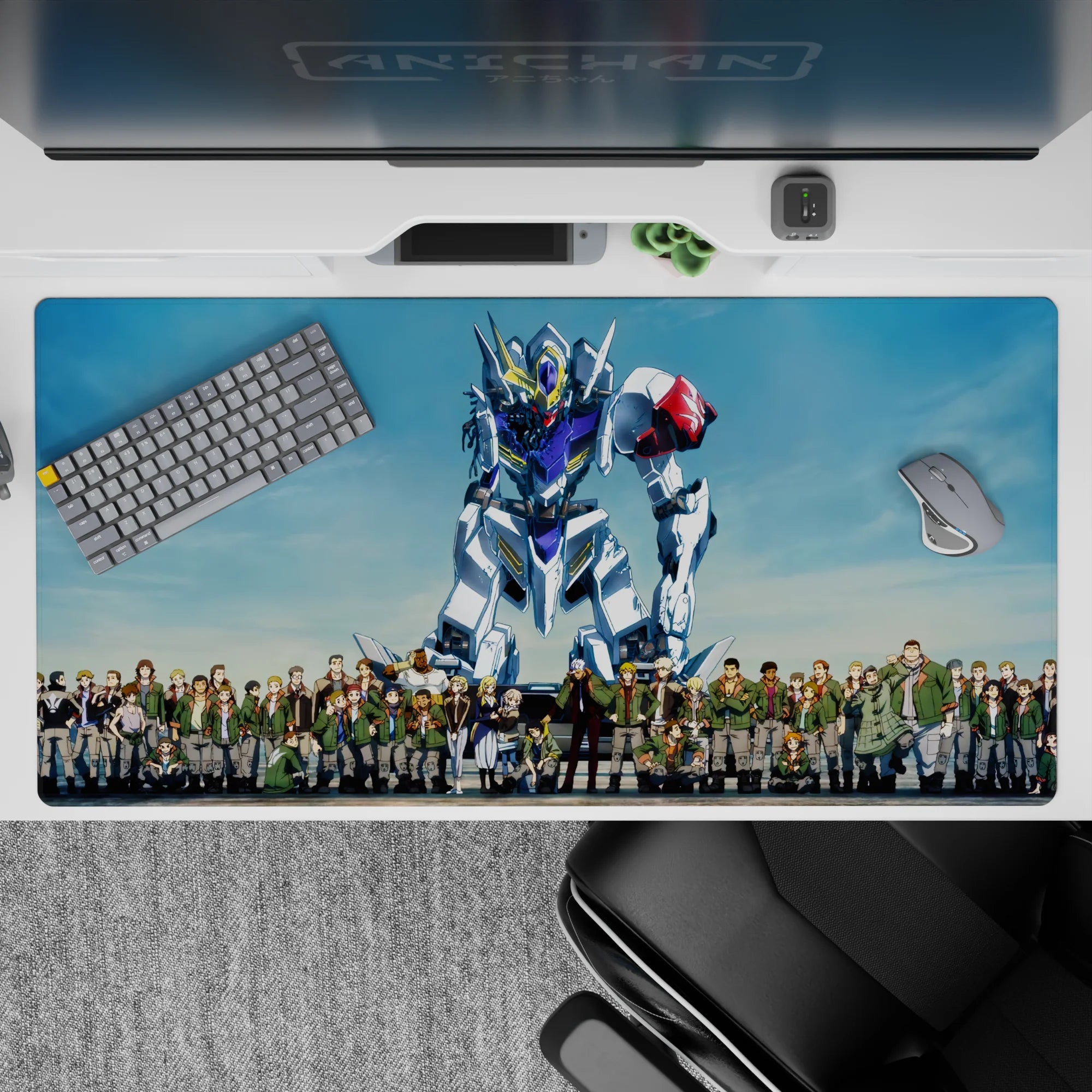 Sky blue backdrop with crisp white, steel gray, and red shoulder accents anime desk pad 40x20 inches.