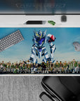 Sky blue backdrop with crisp white, steel gray, and red shoulder accents anime desk pad 40x20 inches.