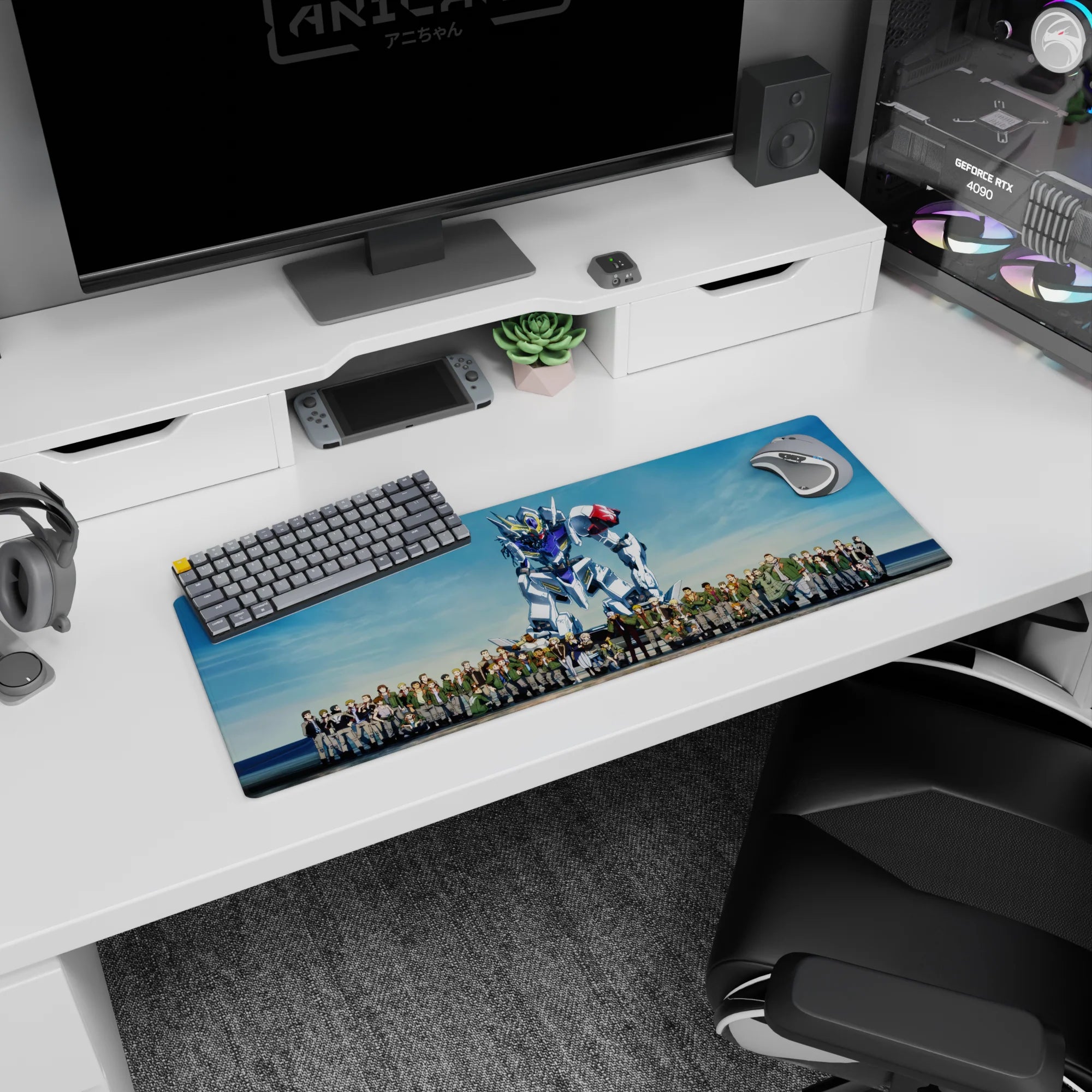 Mikazuki Augus and Orga Itsuka lineup beside towering Barbatos desk mat anime mouse pad 32x12 inches.