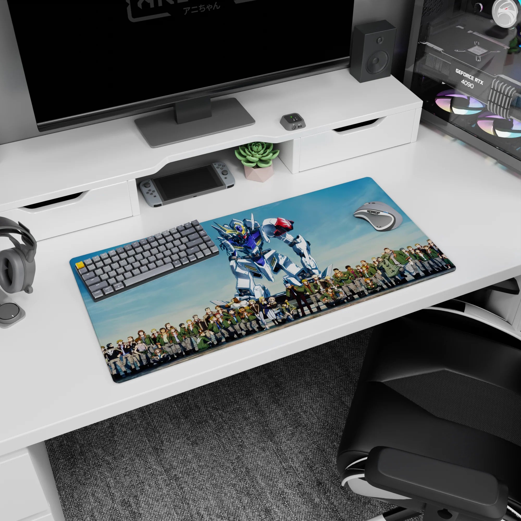 Mikazuki Augus and Orga Itsuka with Gundam Barbatos on anime mouse pad 32x16 inches, found-family lineup.
