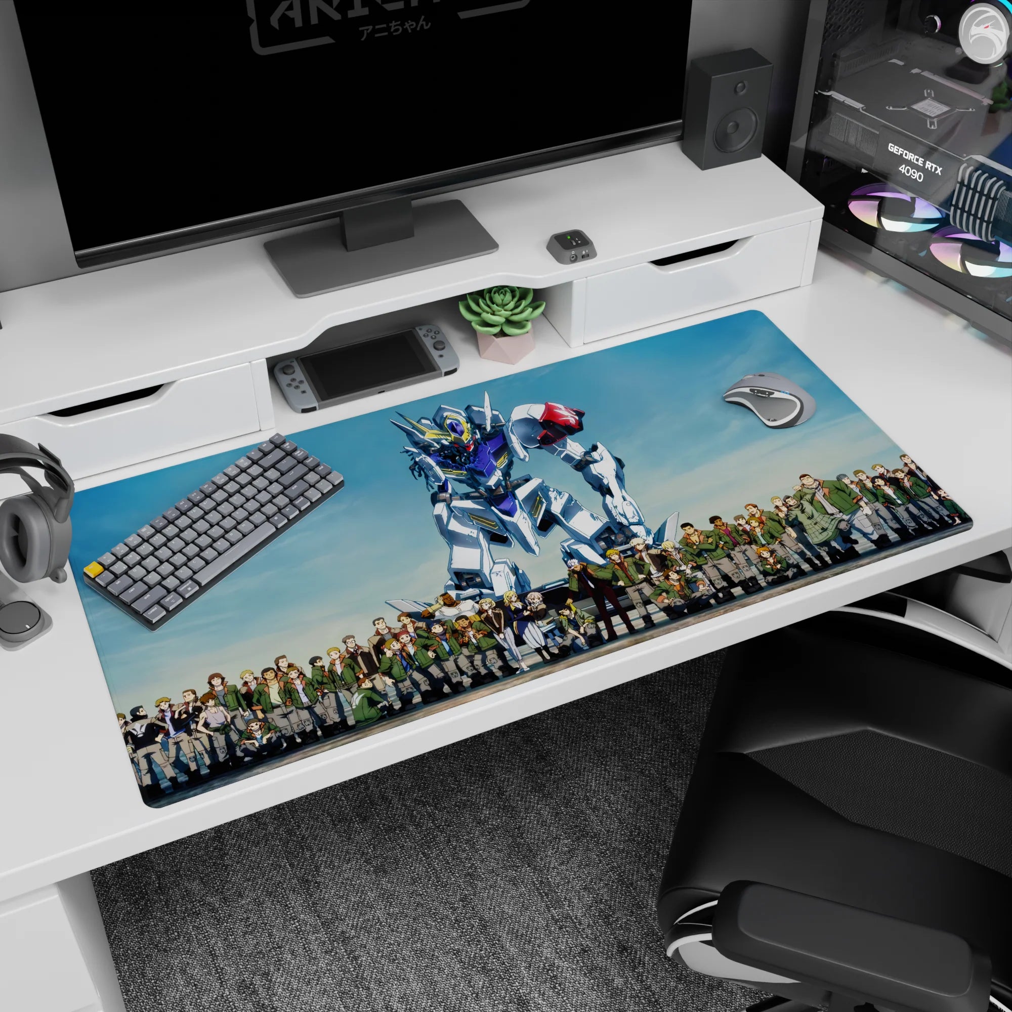 Mikazuki Augus and Orga Itsuka lined up beside towering Gundam Barbatos desk pad 40x20 inches.