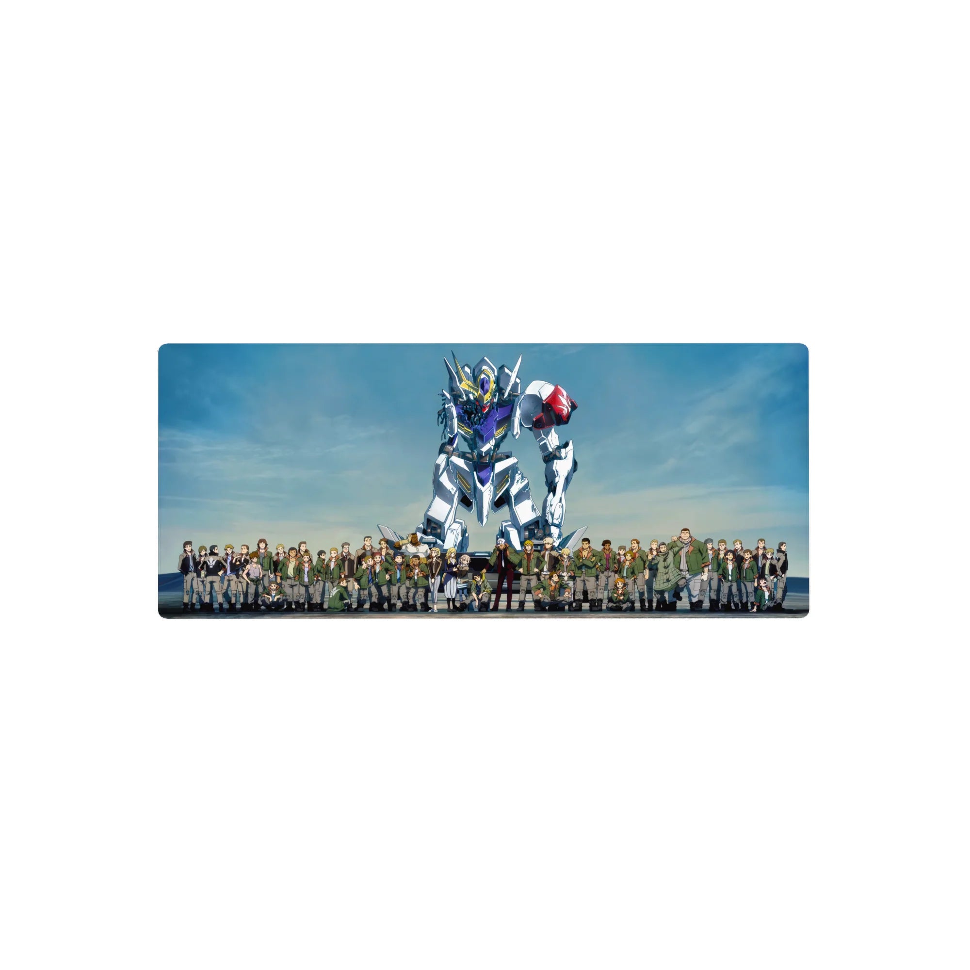 Mobile Suit Gundam Iron-Blooded Orphans anime mouse pad with Tekkadan crew and Gundam Barbatos, 28x12 inches.