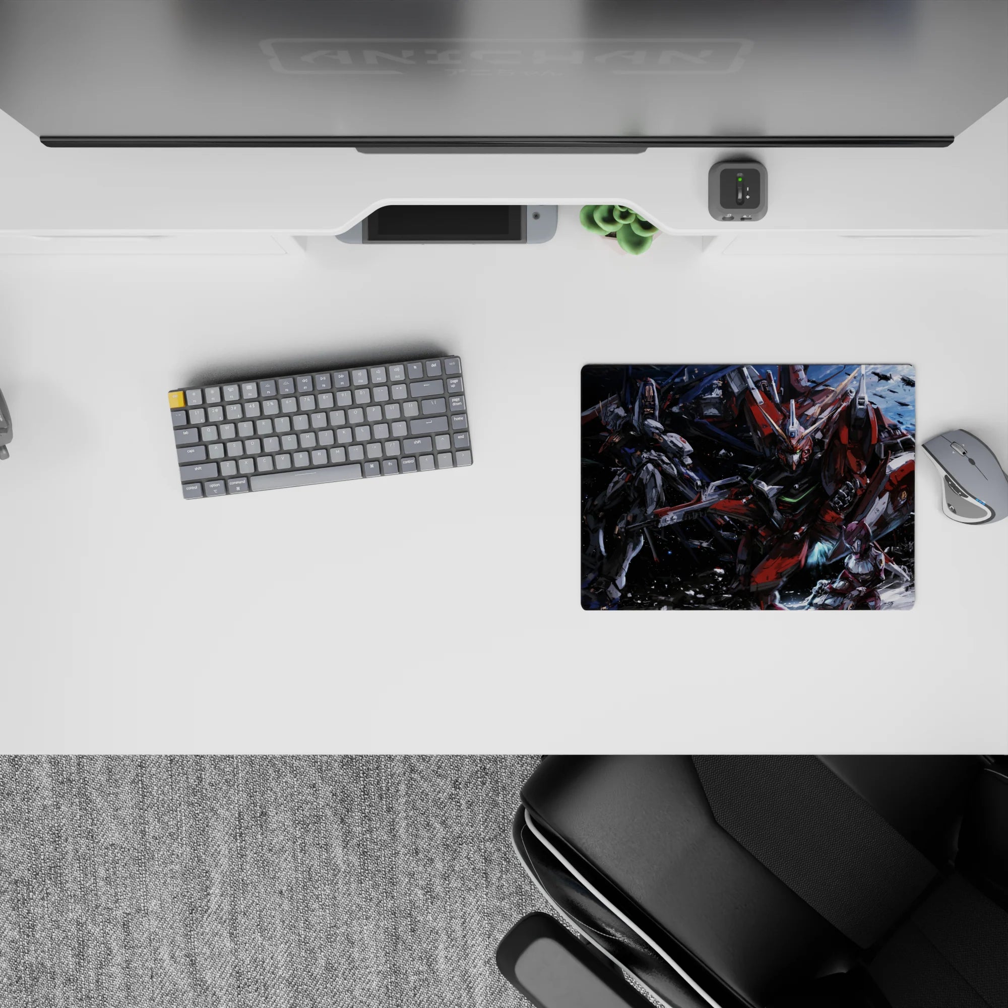 14x10 inches anime mouse pad in deep-space blues with red, gunmetal, and white armor glow, chaotic vibe.