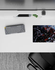 14x10 inches anime mouse pad in deep-space blues with red, gunmetal, and white armor glow, chaotic vibe.