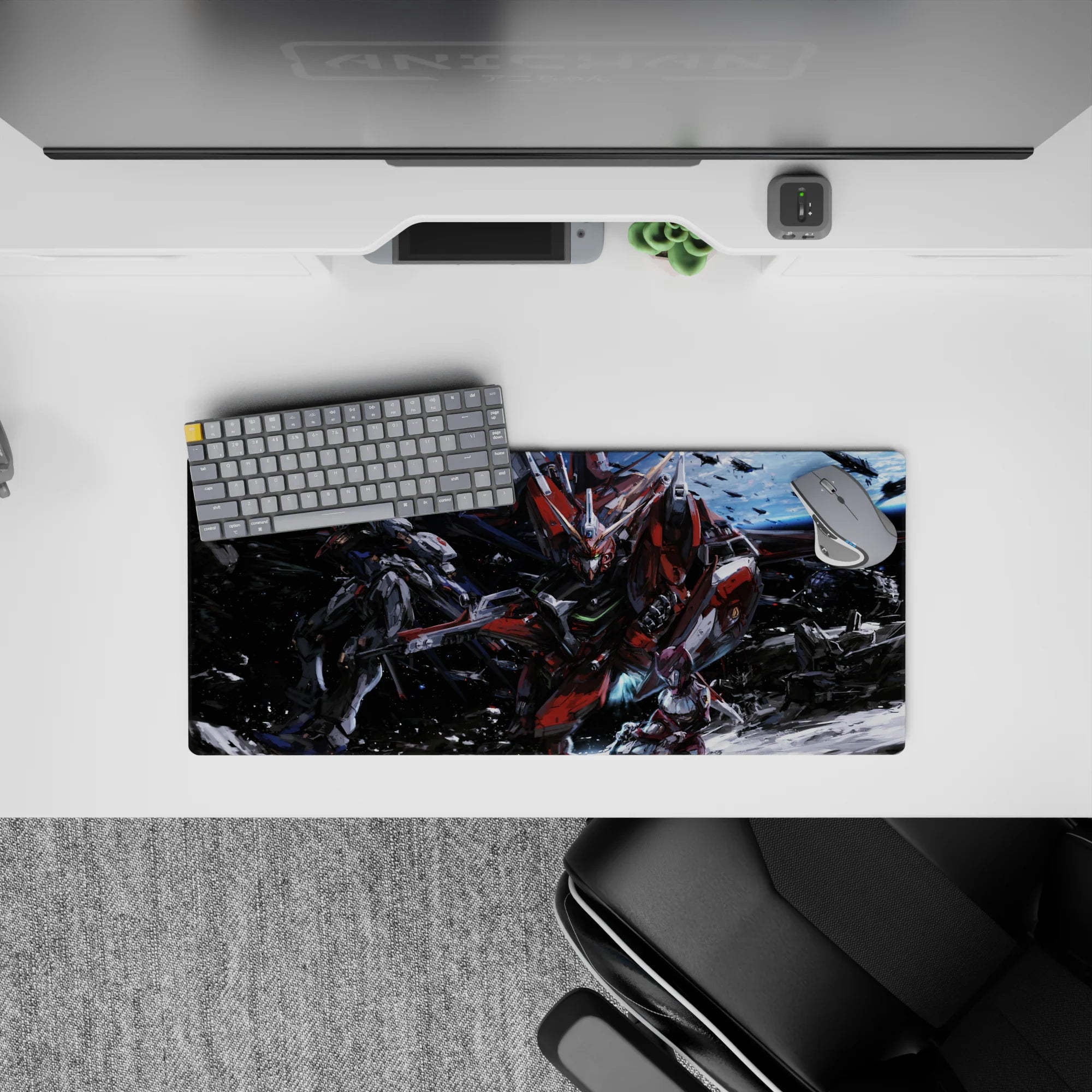 28x12 inches anime mouse pad in deep-space blues with red and gunmetal panels, sparks and debris.