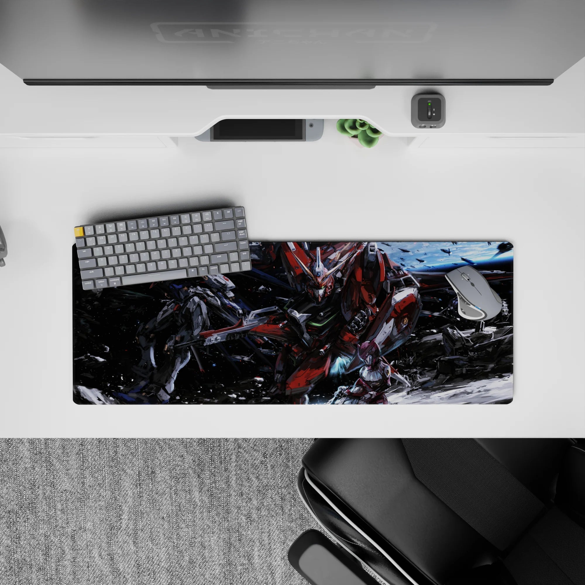 32x12 inches anime mouse pad in deep-space blues with bold reds, gunmetal gray, and white armor glow.