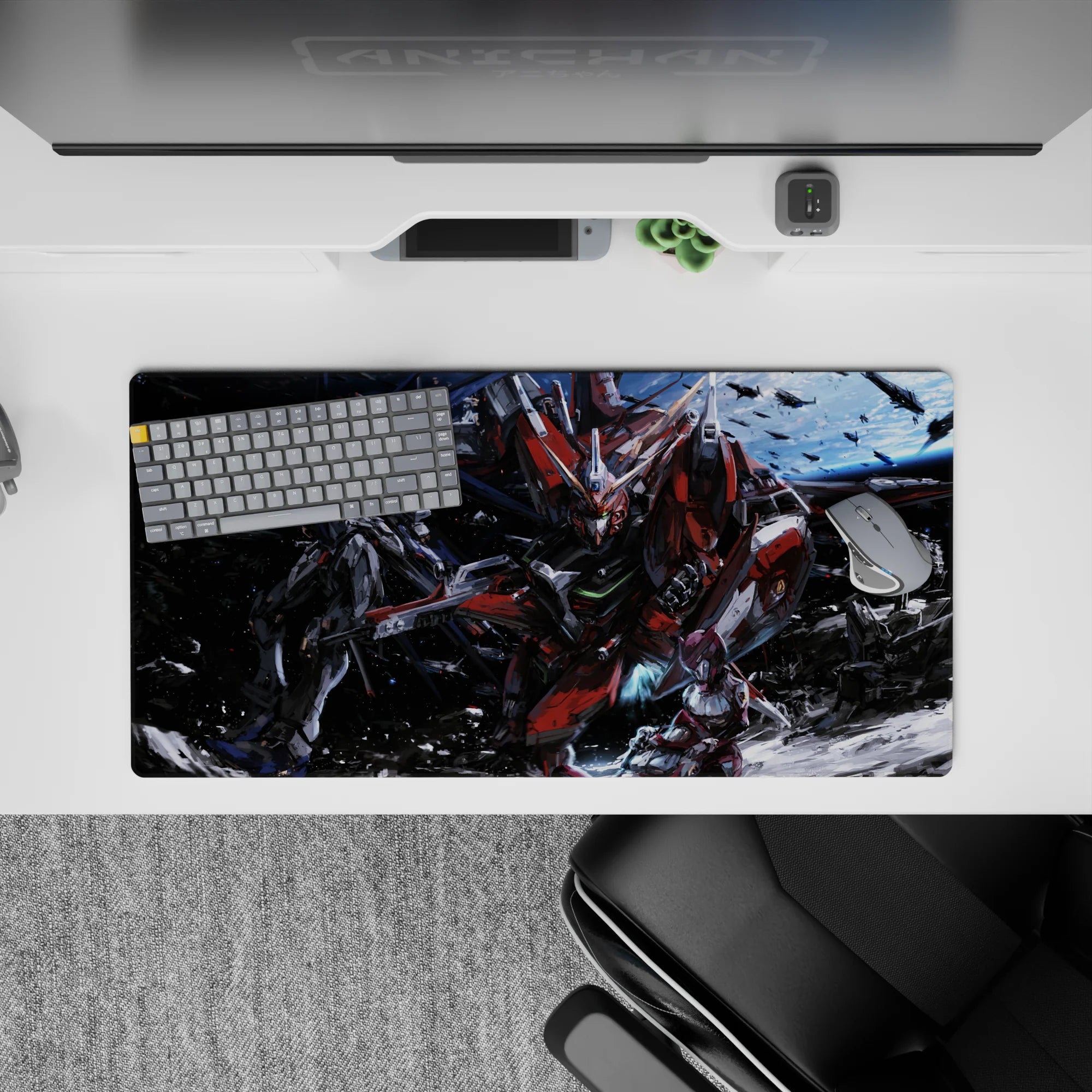 32x16 inches anime mouse pad in reds, gunmetal gray, and white over deep blues, loud heroic energy.