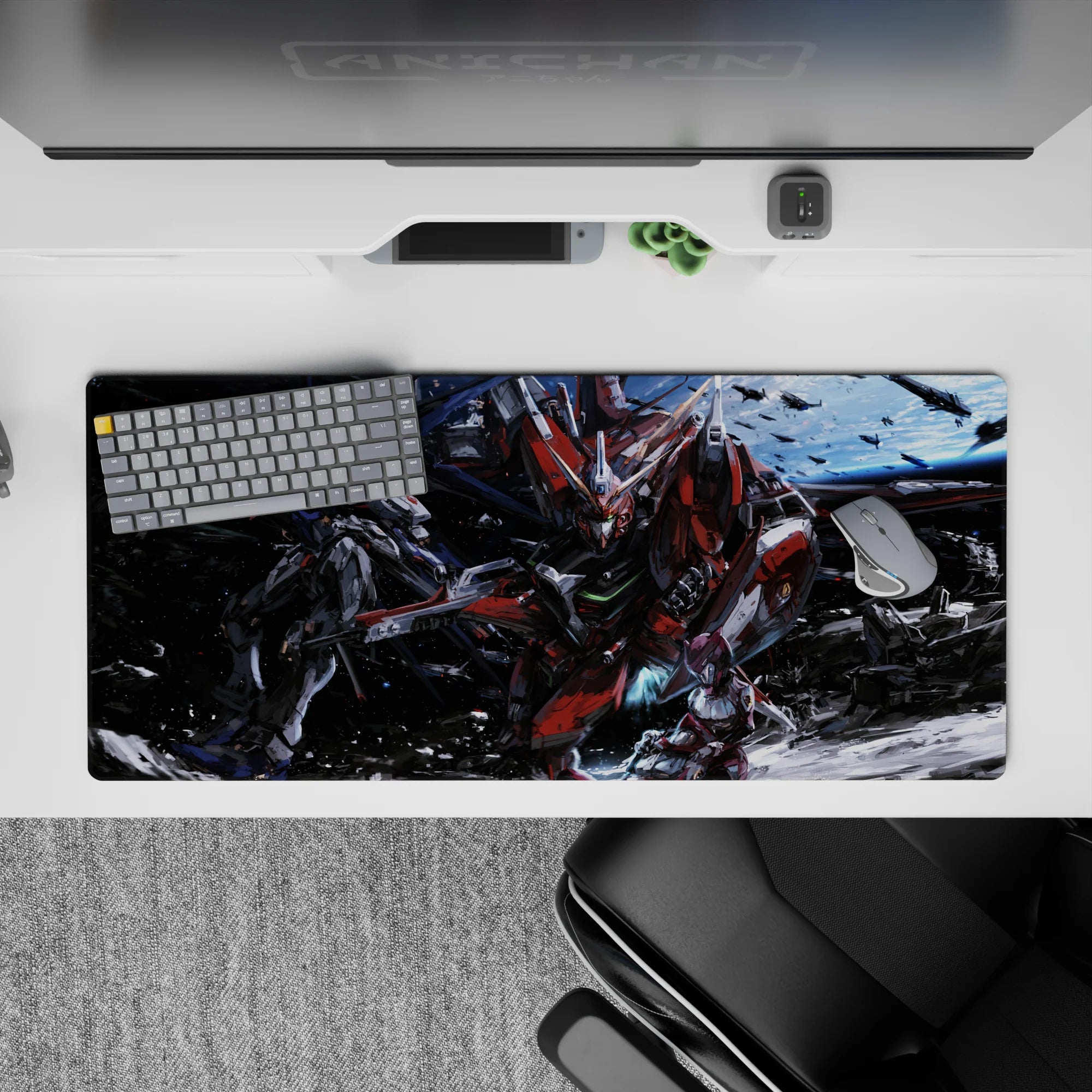 36x16 inches anime desk pad in deep-space blues with red, gunmetal gray, and white panels, sparks flying.