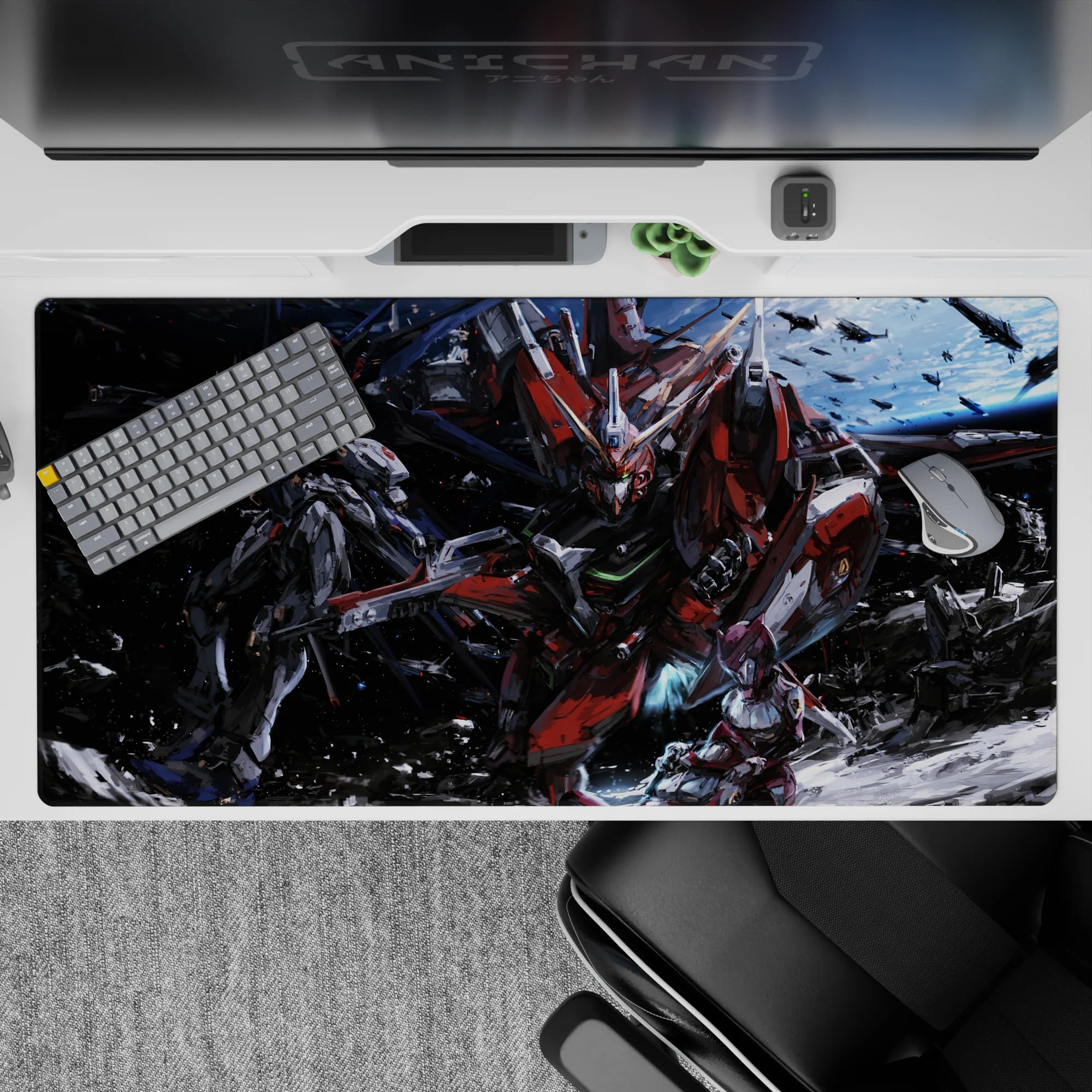 40x20 inches anime mouse pad in deep-space blues with red, white, and gunmetal mecha chaos vibes.