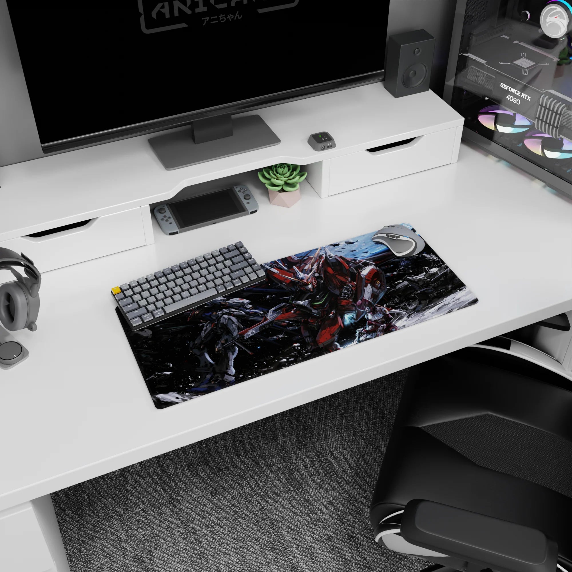 28x12 inches anime mouse pad showing Gundam Astray Red Frame charging as a rival unit lurks in smoke.
