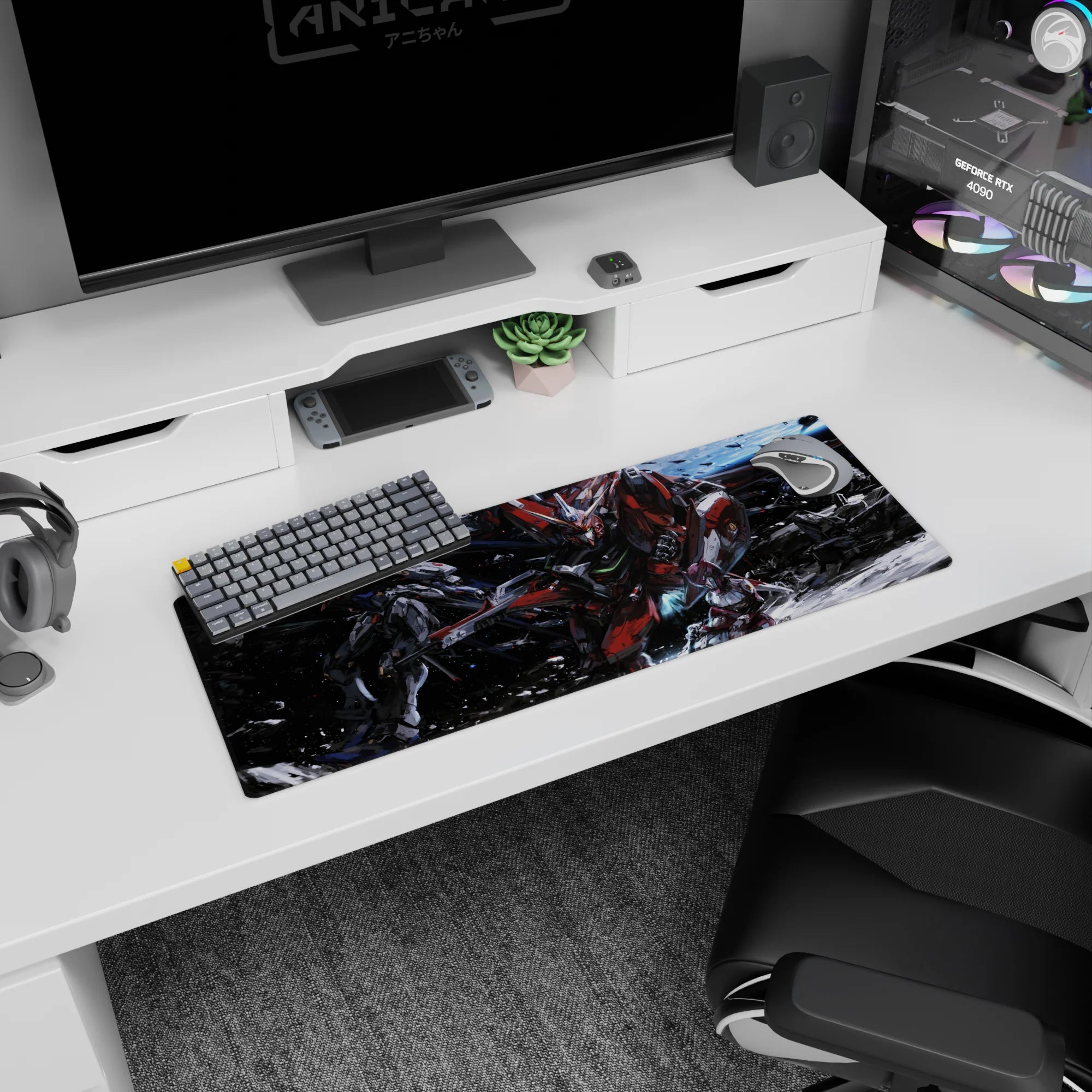 32x12 inches anime mouse pad featuring Gundam Astray Red Frame charging as a rival unit lurks in smoke.