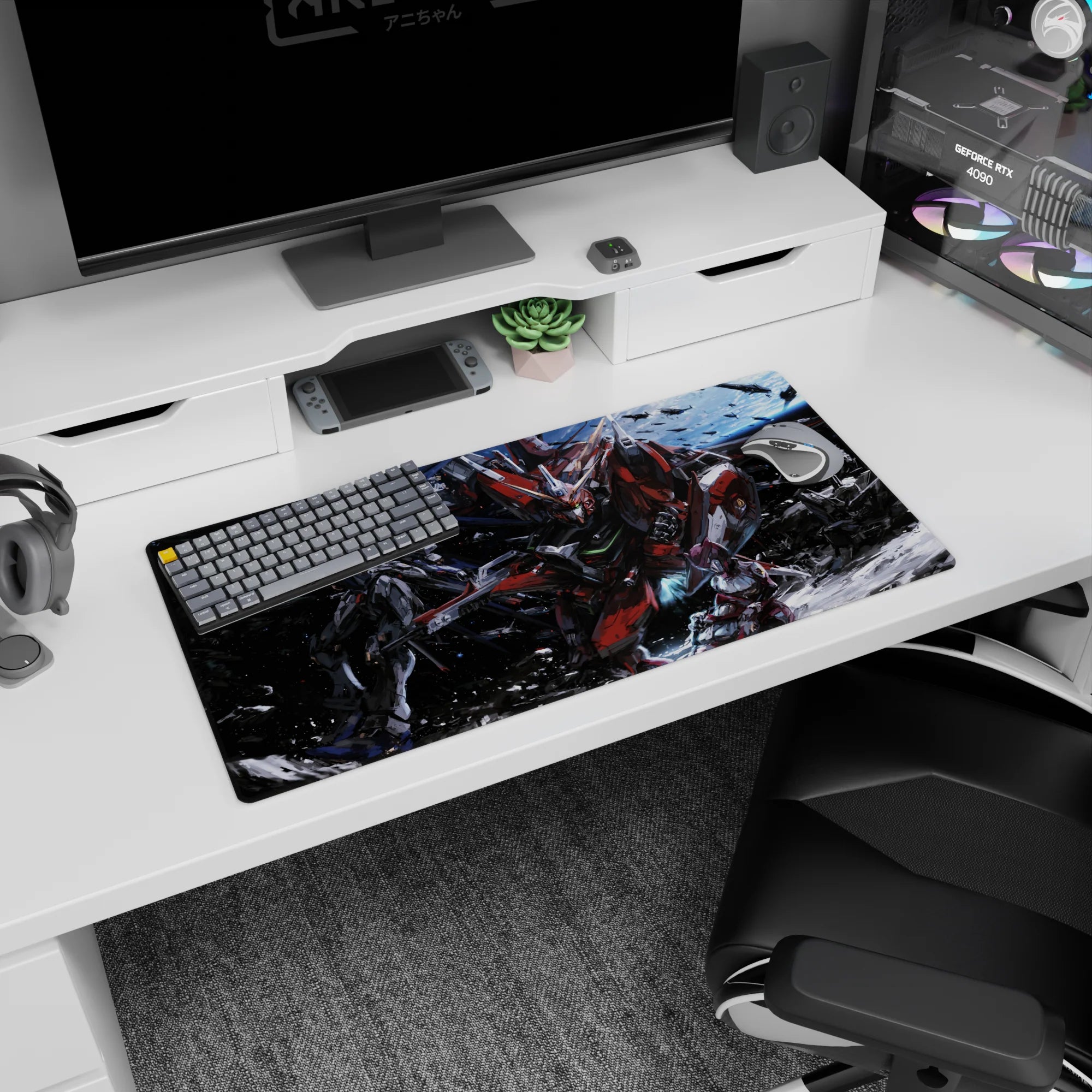 32x16 inches Gundam Astray Red Frame mouse pad, rival unit in smoke on a starry battlefield.